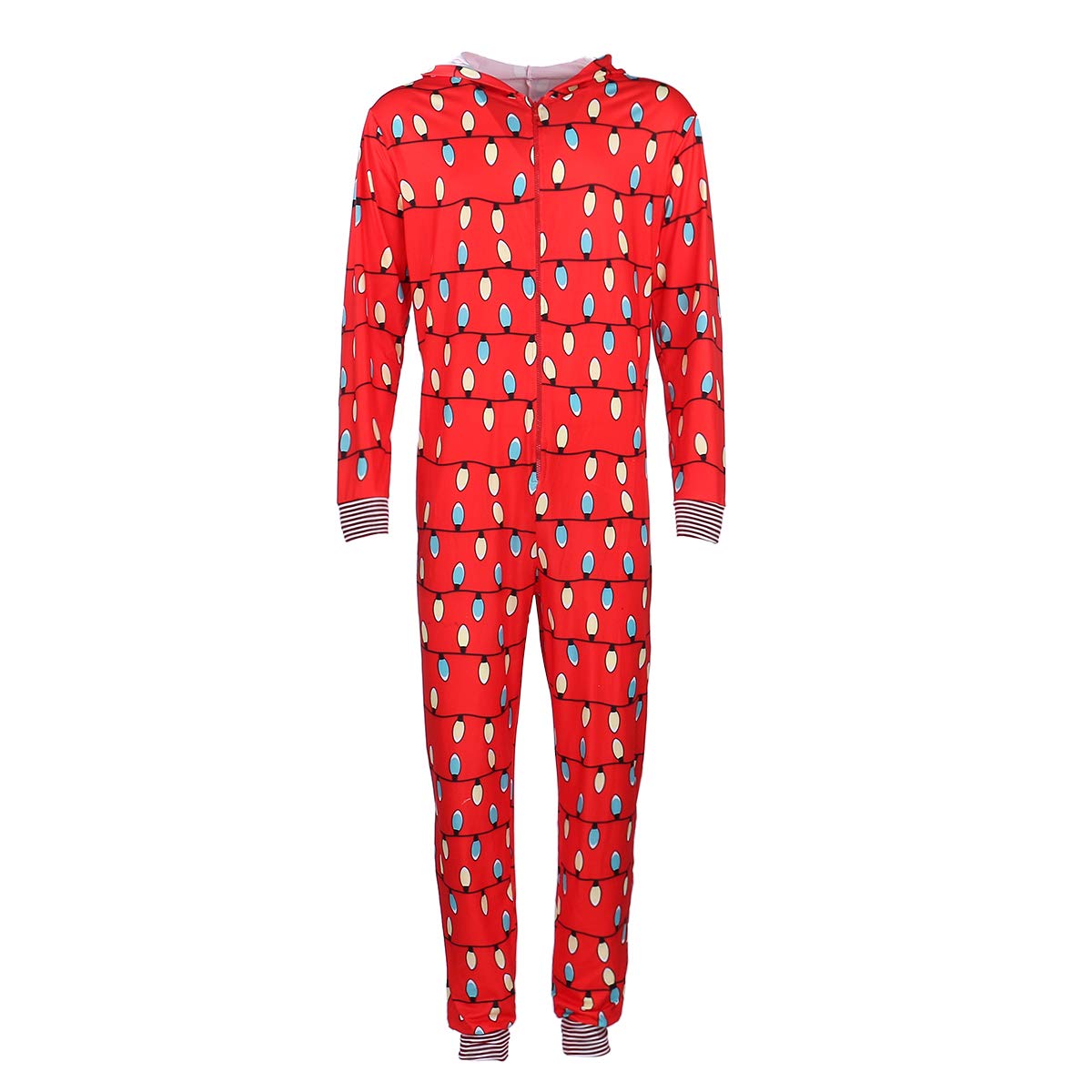 Family Matching Christmas Pajamas Set - String Lights Pattern Hooded Zip-Front Romper for Women, Men & Kids (Red, M) | Cozy Holiday Sleepwear for Family Photos & Christmas Morning