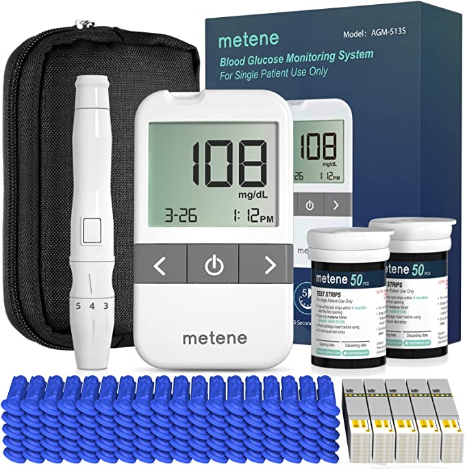 Metene AGM 513S Blood Glucose Monitor Kit with 100 Test Strips & 100 Lancets - Accurate Diabetes Testing for Home Use & Travel