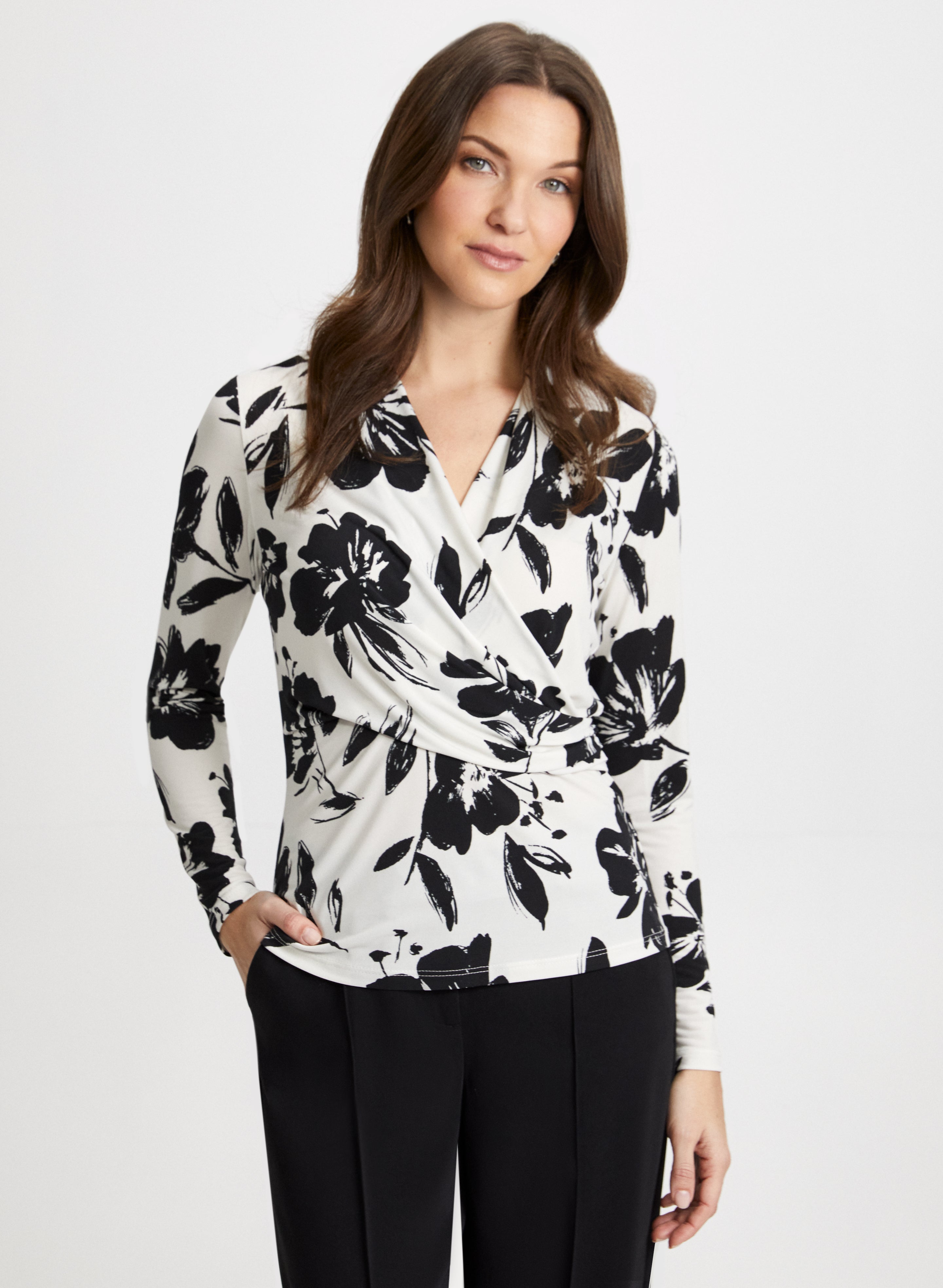 Floral Print Wrap Style Top for Women - Elegant Blouse for Spring & Summer - Perfect for Casual Outings, Office Wear & Date Nights