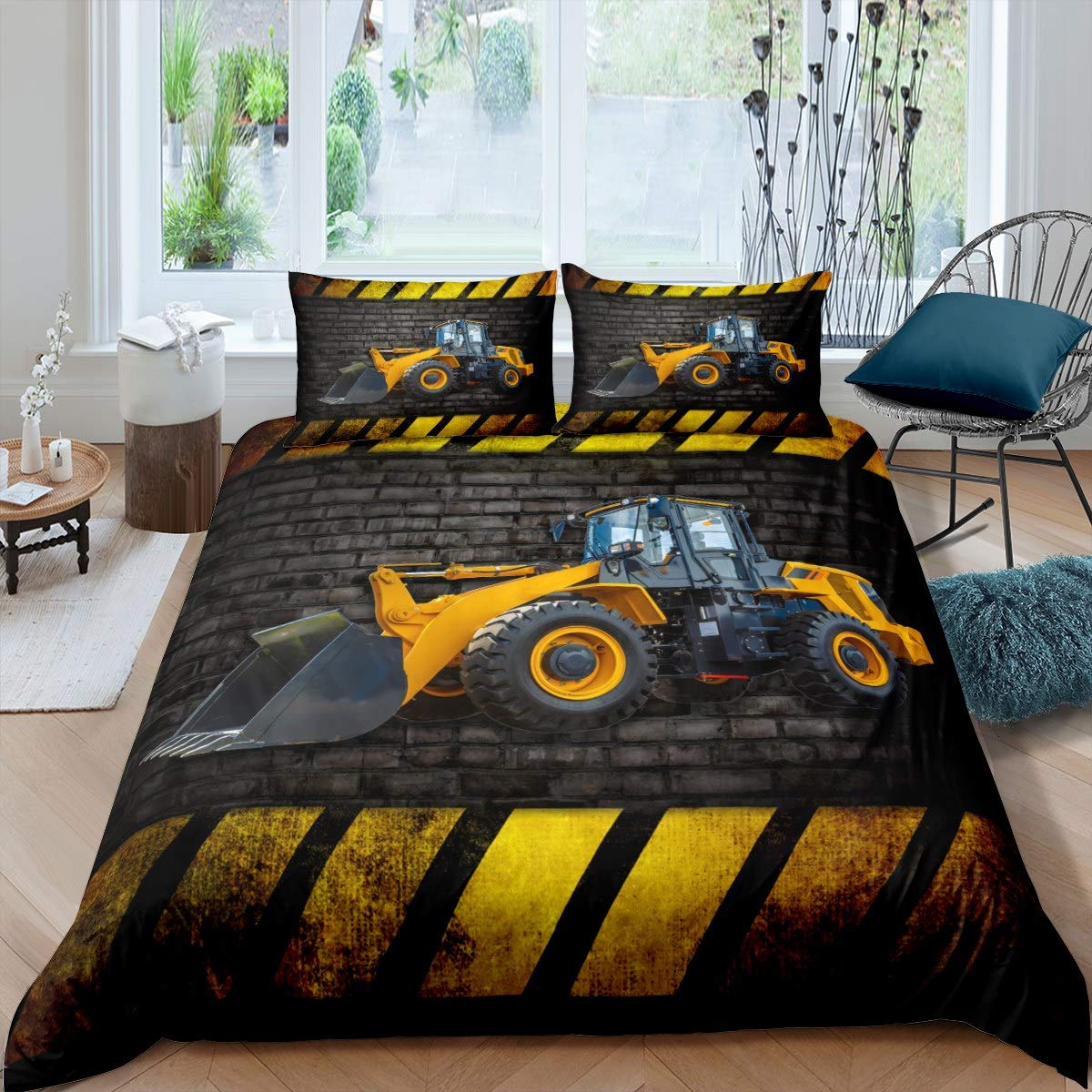 Kids Excavator Car Bedding Set - Yellow & Black Stripes Duvet Cover with 2 Pillowcases (Queen Size) | Soft Polyester Construction for Boys & Girls | Perfect for Construction-Themed Bedrooms & Playrooms