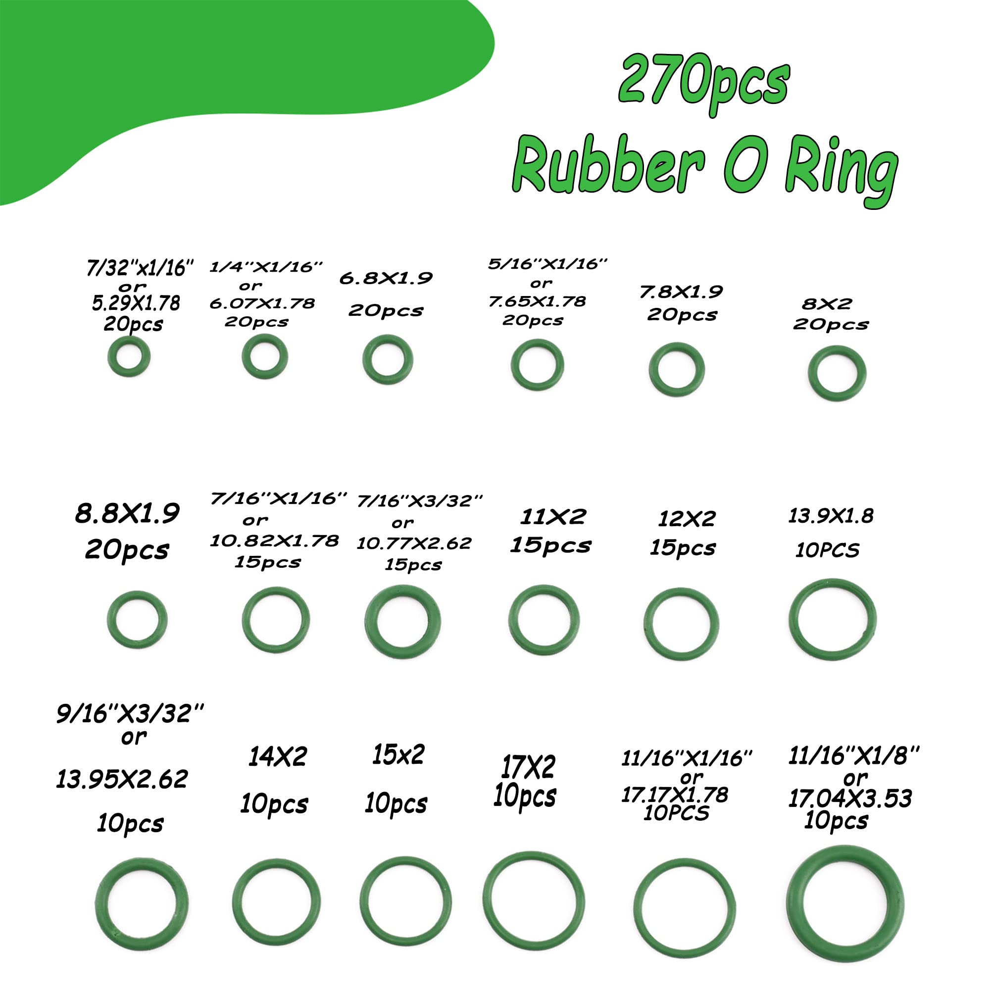 270pcs Rubber O-Ring Kit - 18 Sizes Universal Sealing Gasket Washer Set for Car AC Repair, Plumbing, Pumps, Bearings & Appliances (Green) - Perfect for Automotive, Home & Industrial Maintenance