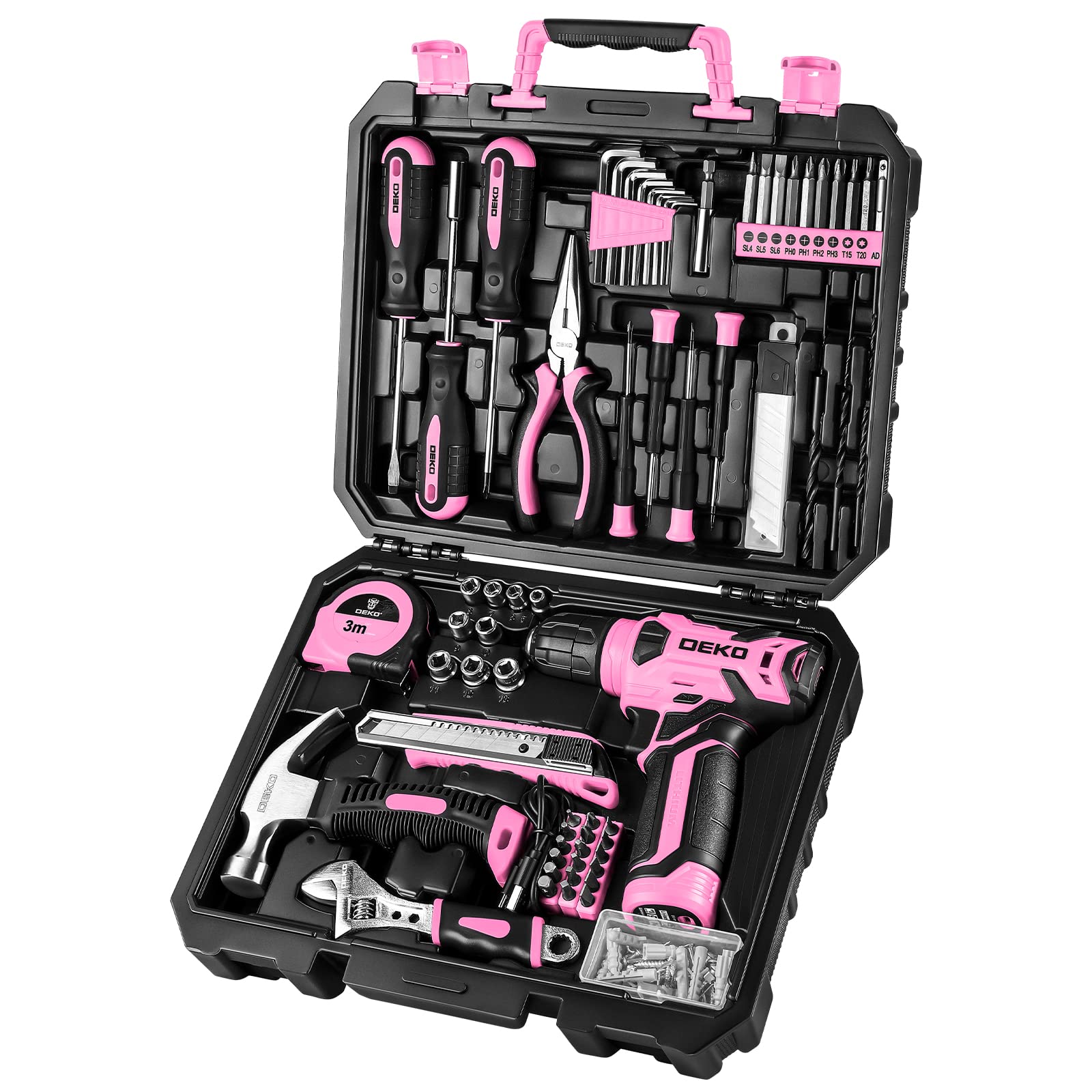 DEKOPRO 126-Piece Pink Cordless Drill Set - 8V Power Drill, Home Tool Kit with Accessories for DIY Projects, Woodworking & Home Repairs - Perfect for Women & Beginners