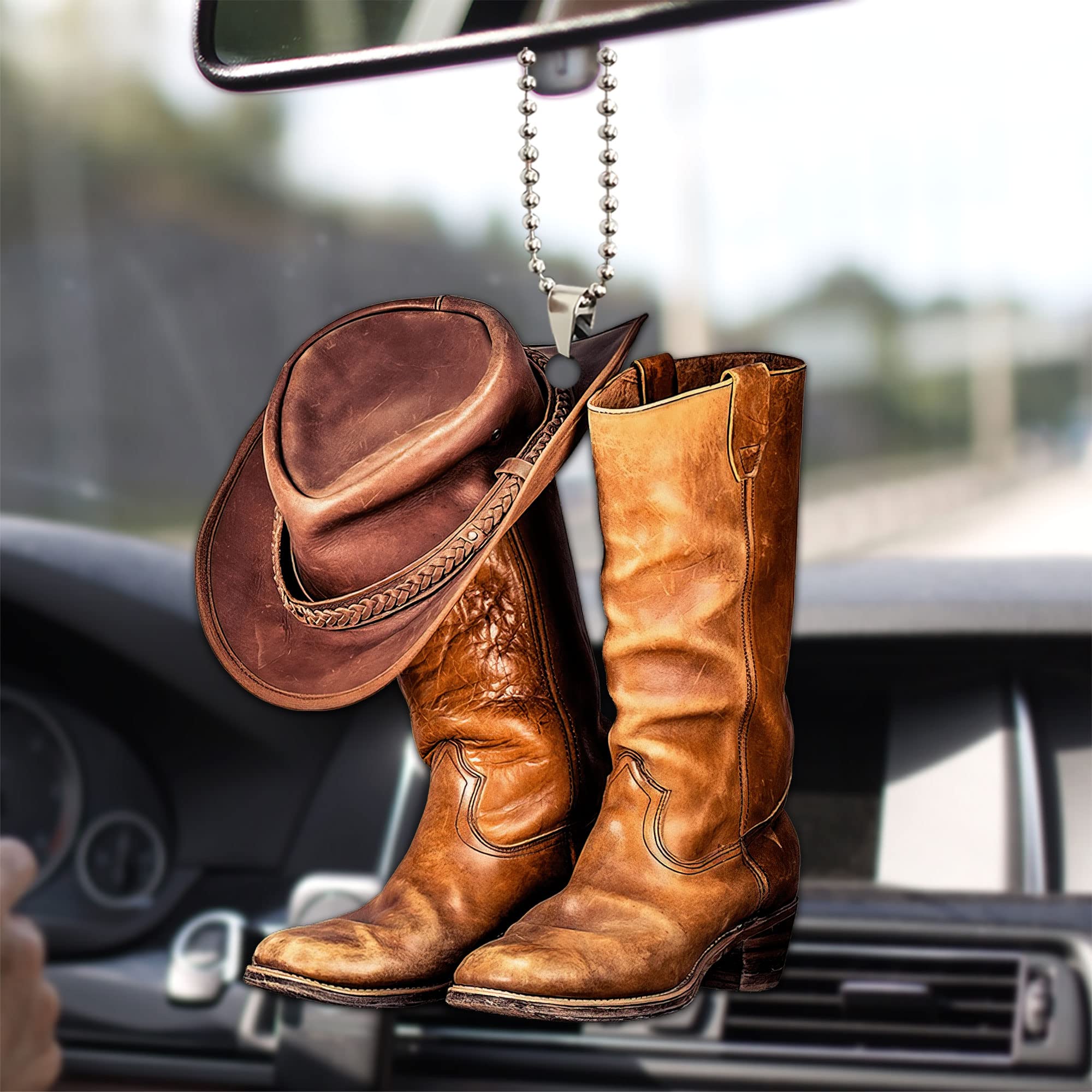 Western Cowboy Cowgirl Hat & Boots 2D Flat Car Rear View Mirror Hanging Charm - Christmas Tree Ornament, Interior Decor, Western-Themed Gift for Men & Women | Perfect for Truck, SUV, Horse Lovers & Western Decor Enthusiasts