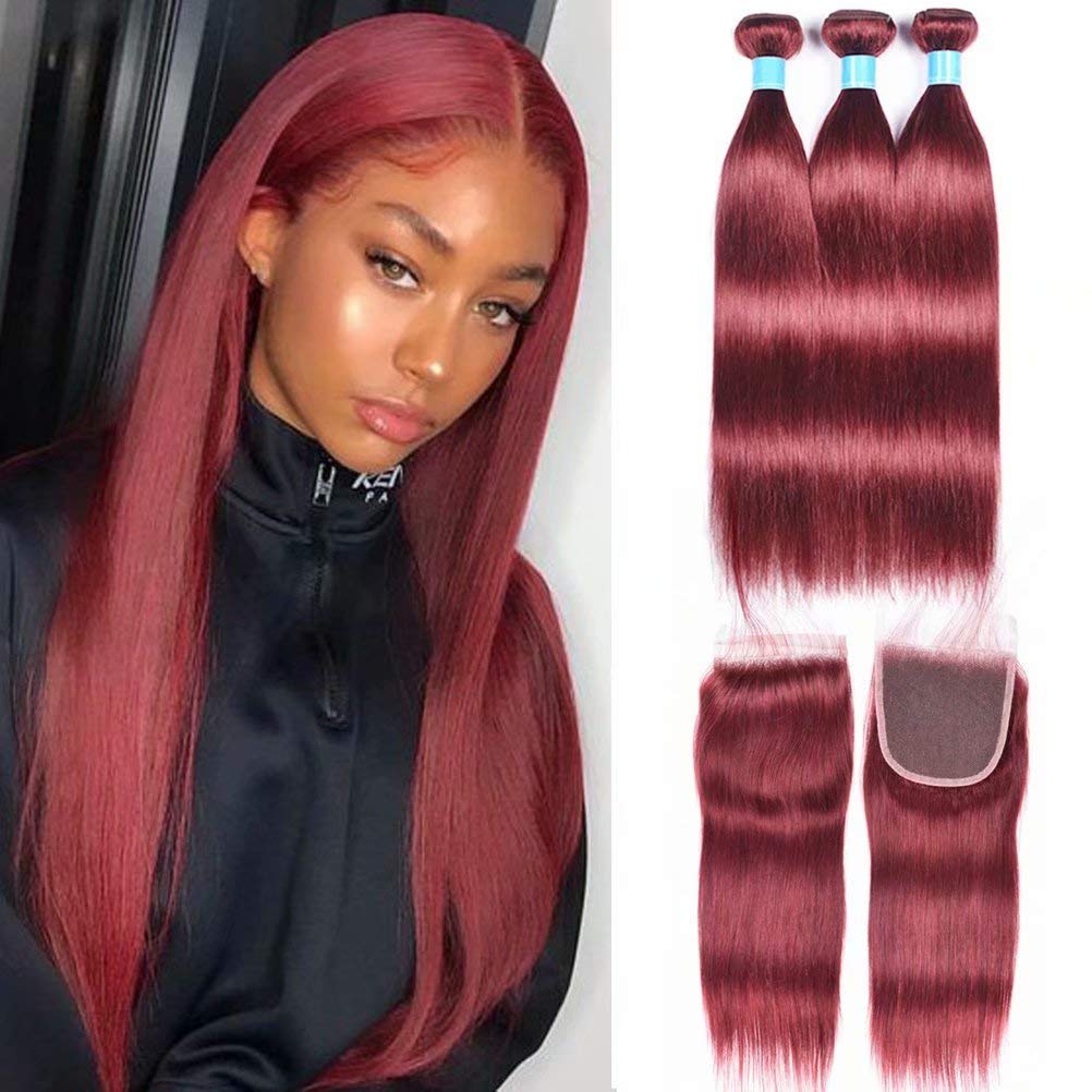 FEEL ME Straight Peruvian Human Hair 3 Bundles with Closure - Color 33 Virgin Peruvian Silky Straight Hair Extensions (18 20 22+18) - Light Auburn Red Remy Hair Weave for Daily Styling & Special Occasions