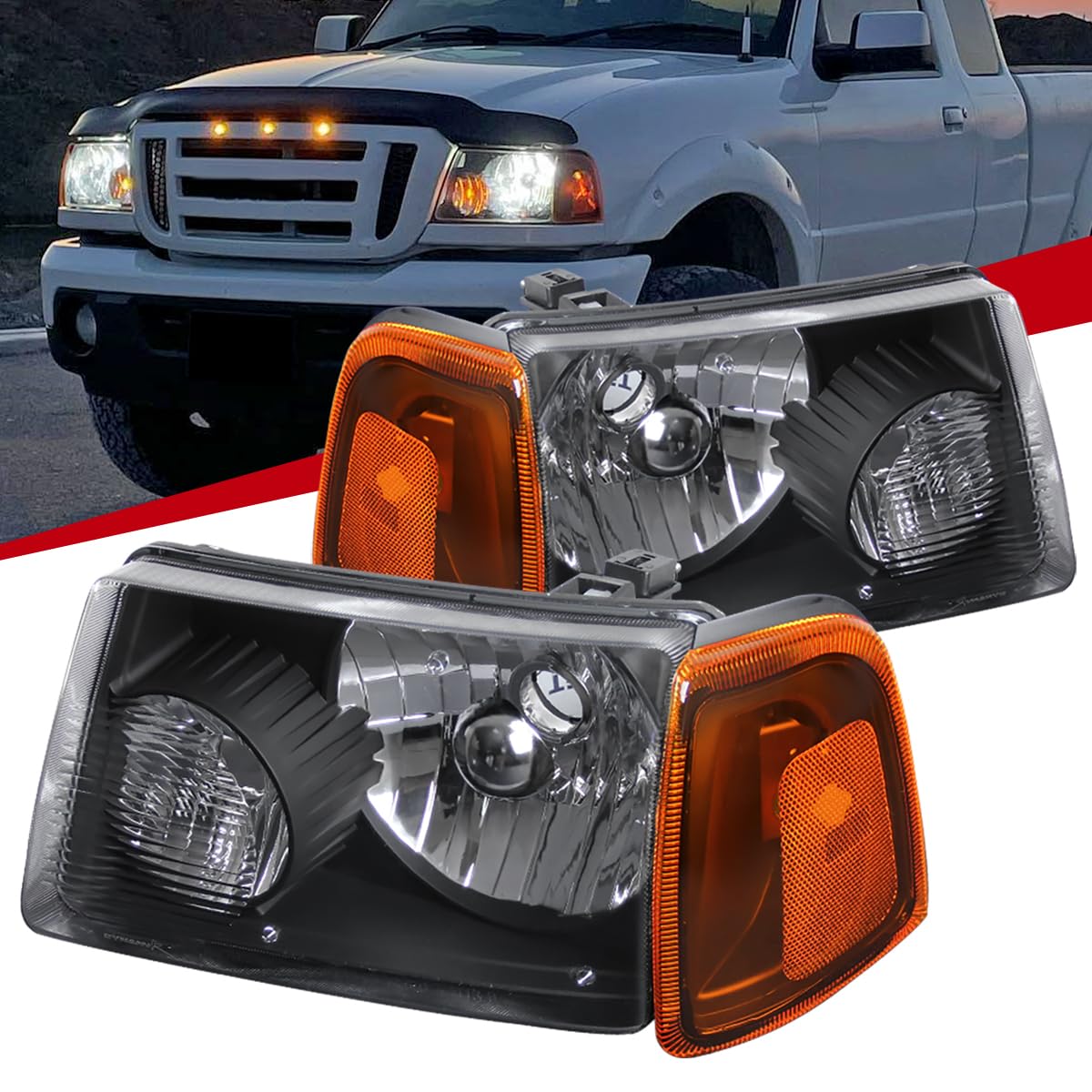 2001-2011 Ford Ranger Black Headlights & Corner Turn Signal Lights - Durable Replacement for Pickup Trucks - Perfect for Off-Roading & Night Driving