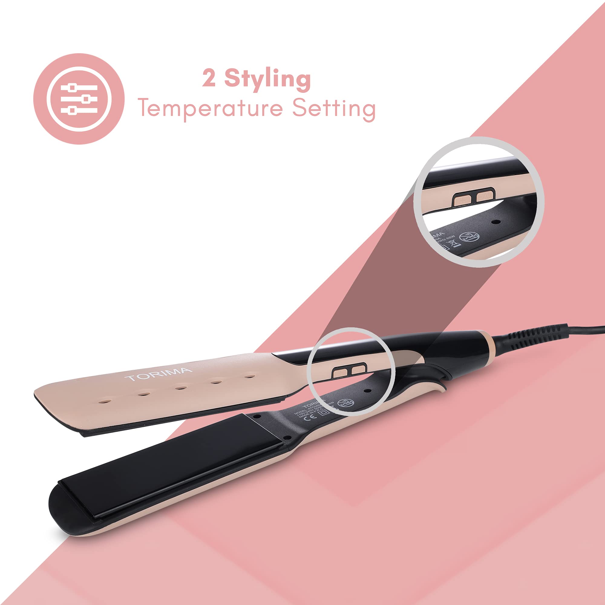 TORIMA ATC559/A Kerashine Professional Hair Straightener - Wide Ceramic Plates, Adjustable Temperature Control, Digital LED Display, Fast Heating for Smooth & Shiny Hair (Rose Gold) - Perfect for Home Use, Salon Styling & Travel