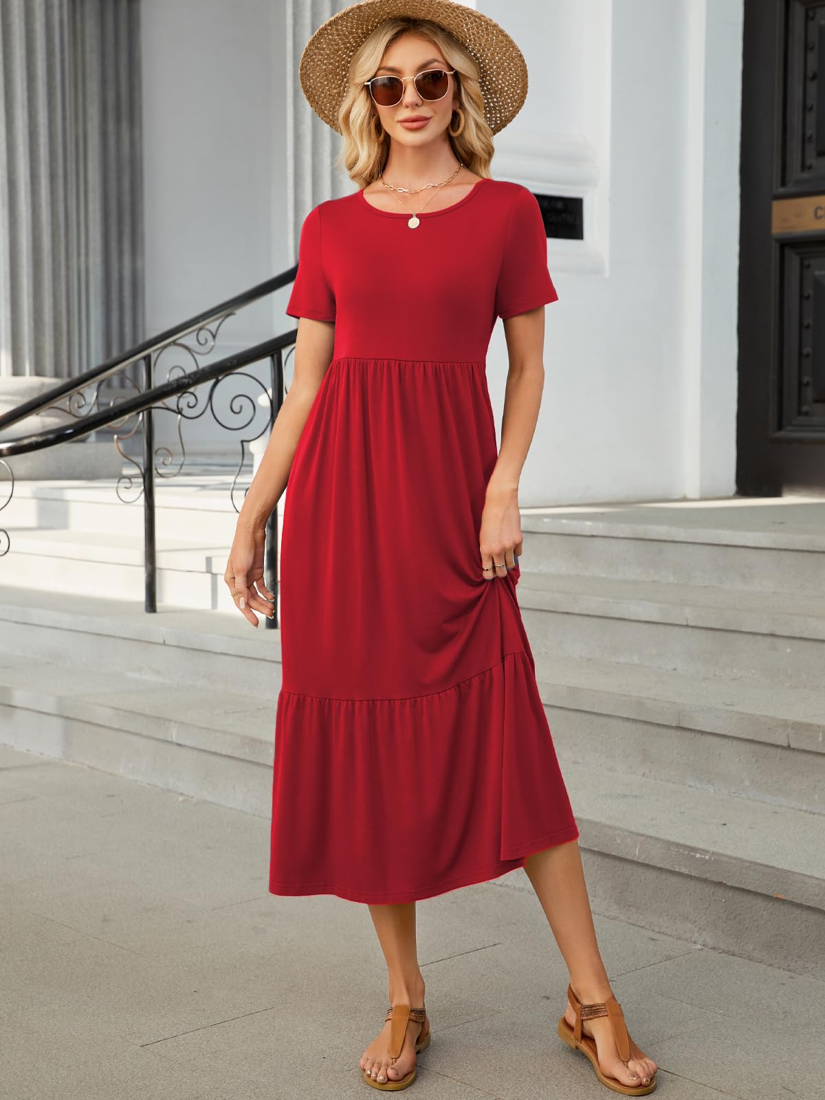 HUSKARY Women's Summer Casual Dress 2025 - Short Sleeve Crewneck Flowy Tiered Maxi Dress with Pockets | Beach Cover Up, Vacation Outfit, Boho Chic Style
