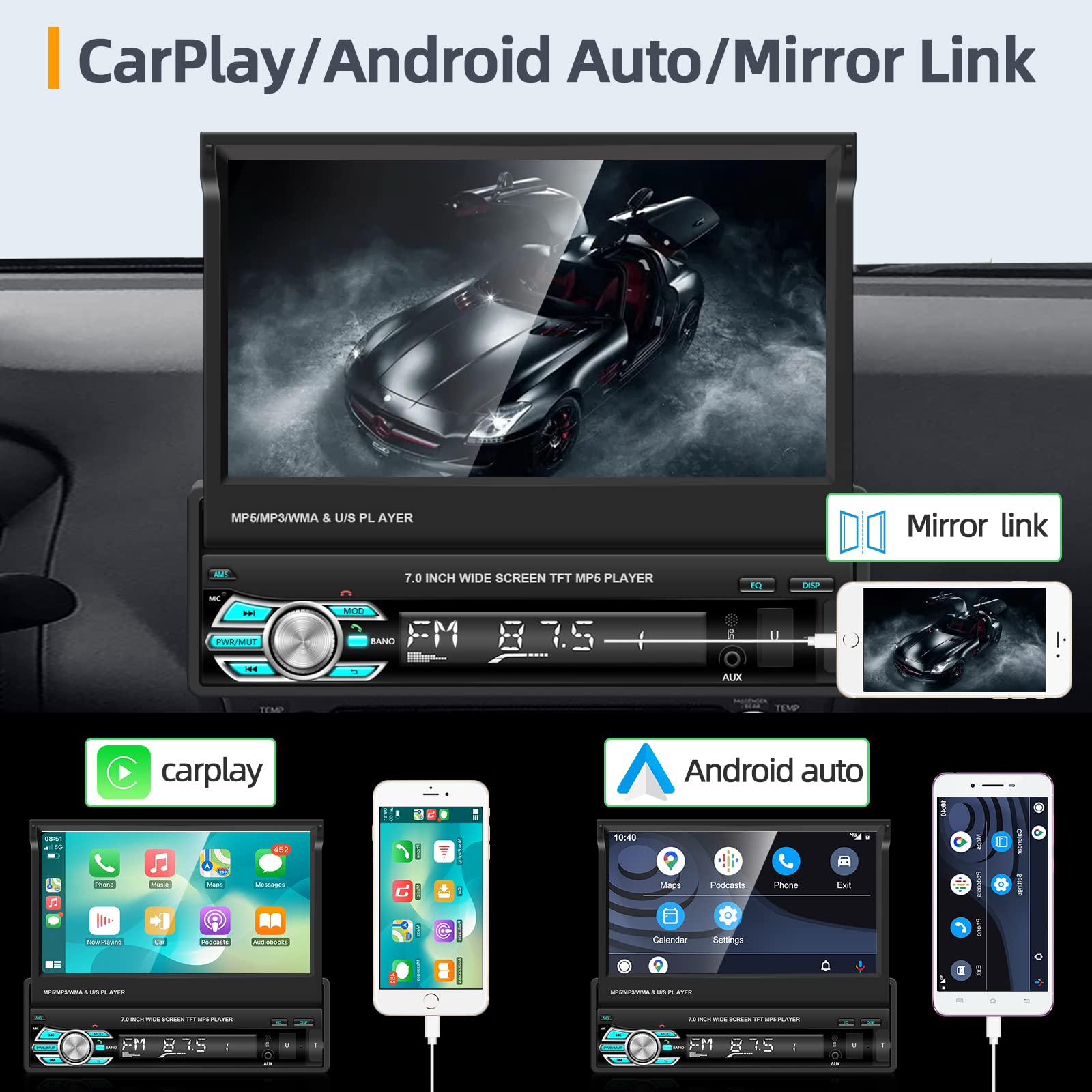 7 Inch Single Din Car Stereo with Apple CarPlay & Android Auto - Touch Screen Flip Out Car Radio with Bluetooth, FM, USB, TF, AUX Input & Reverse Camera - Perfect for Road Trips & Daily Commuting