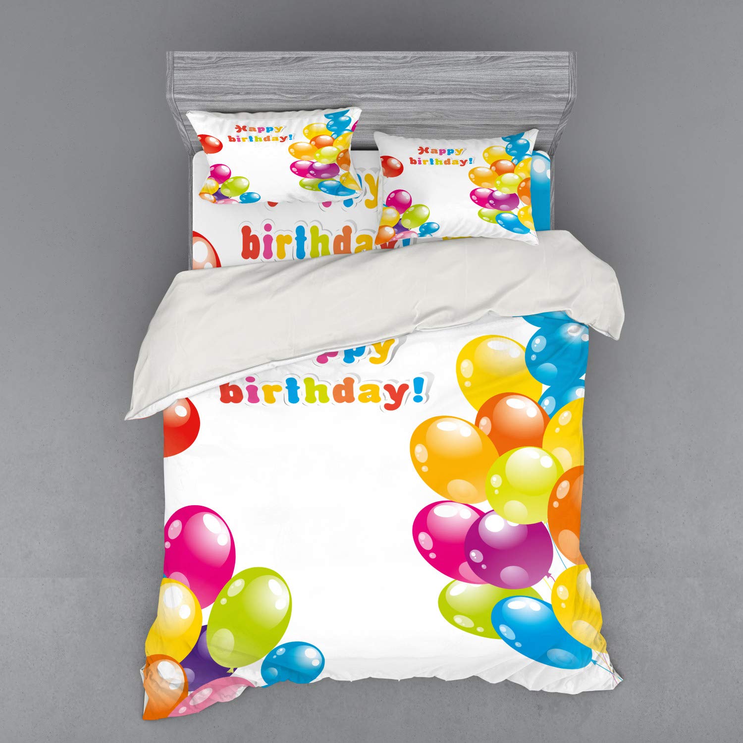 Ambesonne Colorful Balloon Birthday Bedding Set - 4 Piece Duvet Cover with Shams & Fitted Sheet, Queen Size, Vibrant Multicolor Design - Perfect for Birthday Parties, Surprise Celebrations & Festive Room Decor
