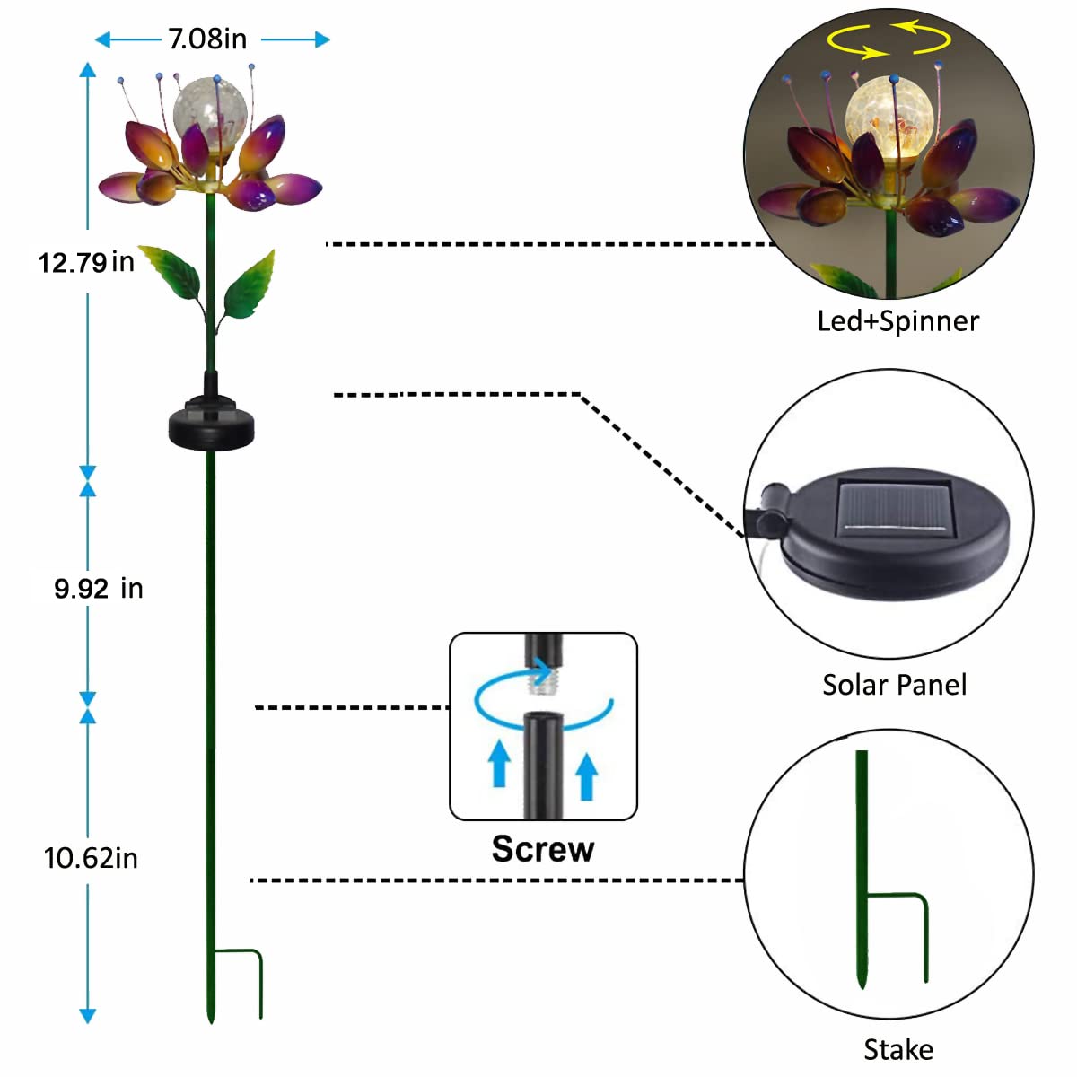 Solar Powered Metal Flower Windmill Garden Stake Lights - Waterproof Outdoor Decor for Yard, Lawn, Patio | Perfect Gardening Gifts & Landscape Lighting for Backyard, Pathway, Wedding Decor