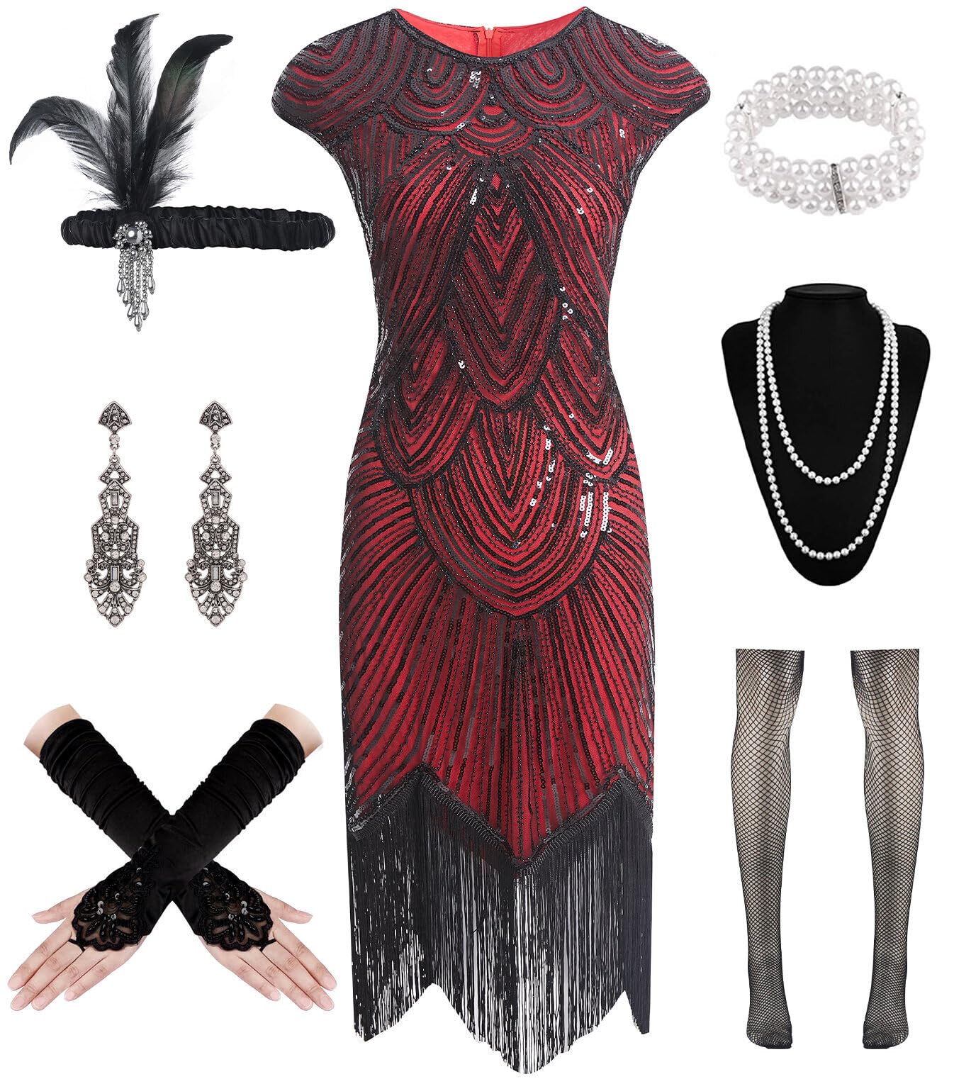 1920s Vintage Flapper Dress for Women - Sequin Lace Fringed Cocktail Dress with 20s Accessories Set | Great Gatsby Party, Roaring 20s Theme Costume, Halloween & Cosplay Outfit