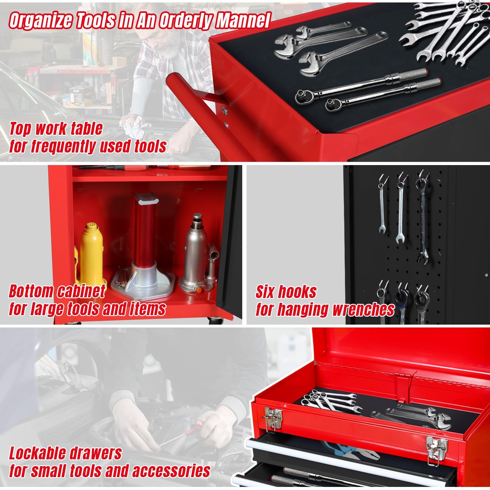 BIG RED ATBD134R-RB-4 Torin Rolling Tool Chest - 3 Drawer Workshop Organizer with Detachable Storage Cabinet & Adjustable Shelf, Red/Black - Perfect for Garage, Workshop & DIY Projects