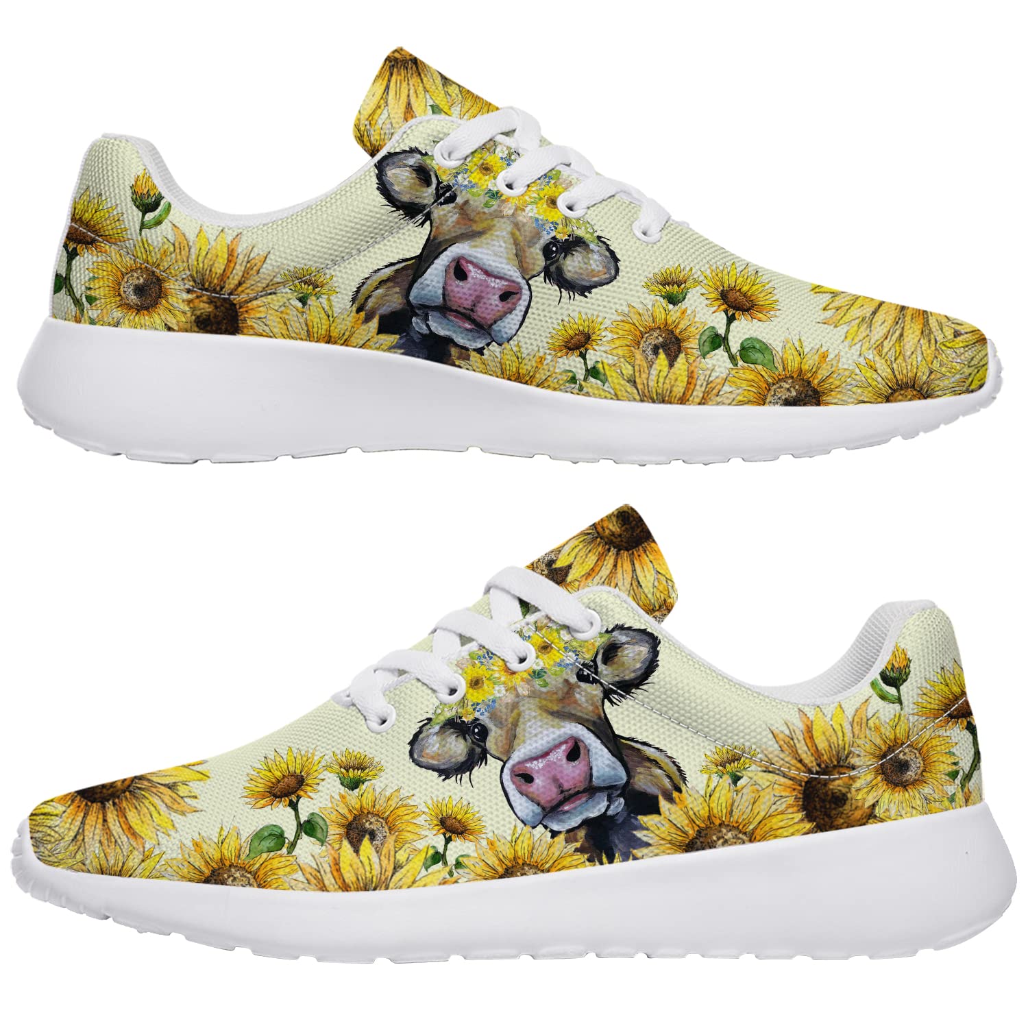 Women's Cow Print Sneakers with Sunflower Design - Comfortable Walking & Running Tennis Shoes for Women & Girls - Perfect Gift for Friends - US Size 9 Women/7.5 Men - Ideal for Casual Wear, Workouts & Outdoor Activities