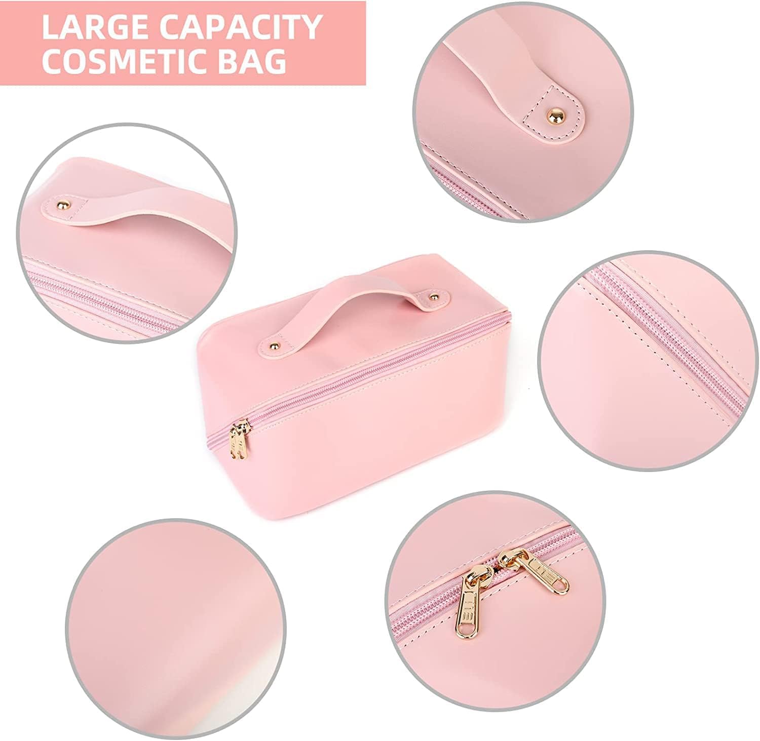 Large Capacity Leather Cosmetic Travel Bag for Women - Portable Makeup Organizer with Handle & Divider, Wide Opening Makeup Storage Bag (Pink) | Perfect for Travel, Gym, and Daily Makeup Organization