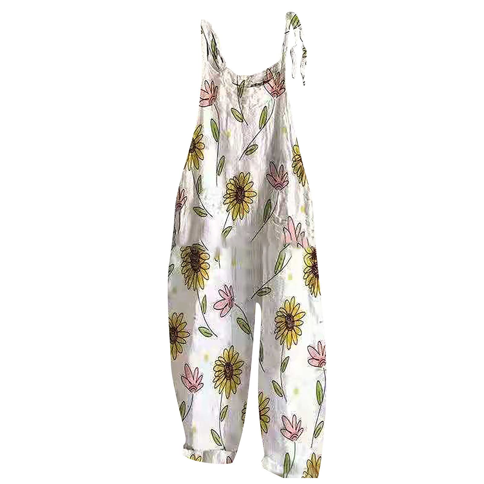 Women's Floral Cotton Jumpsuit - Sleeveless Spaghetti Strap Romper with Tie Waist for Casual Outings, Beach Wear & Summer Fashion