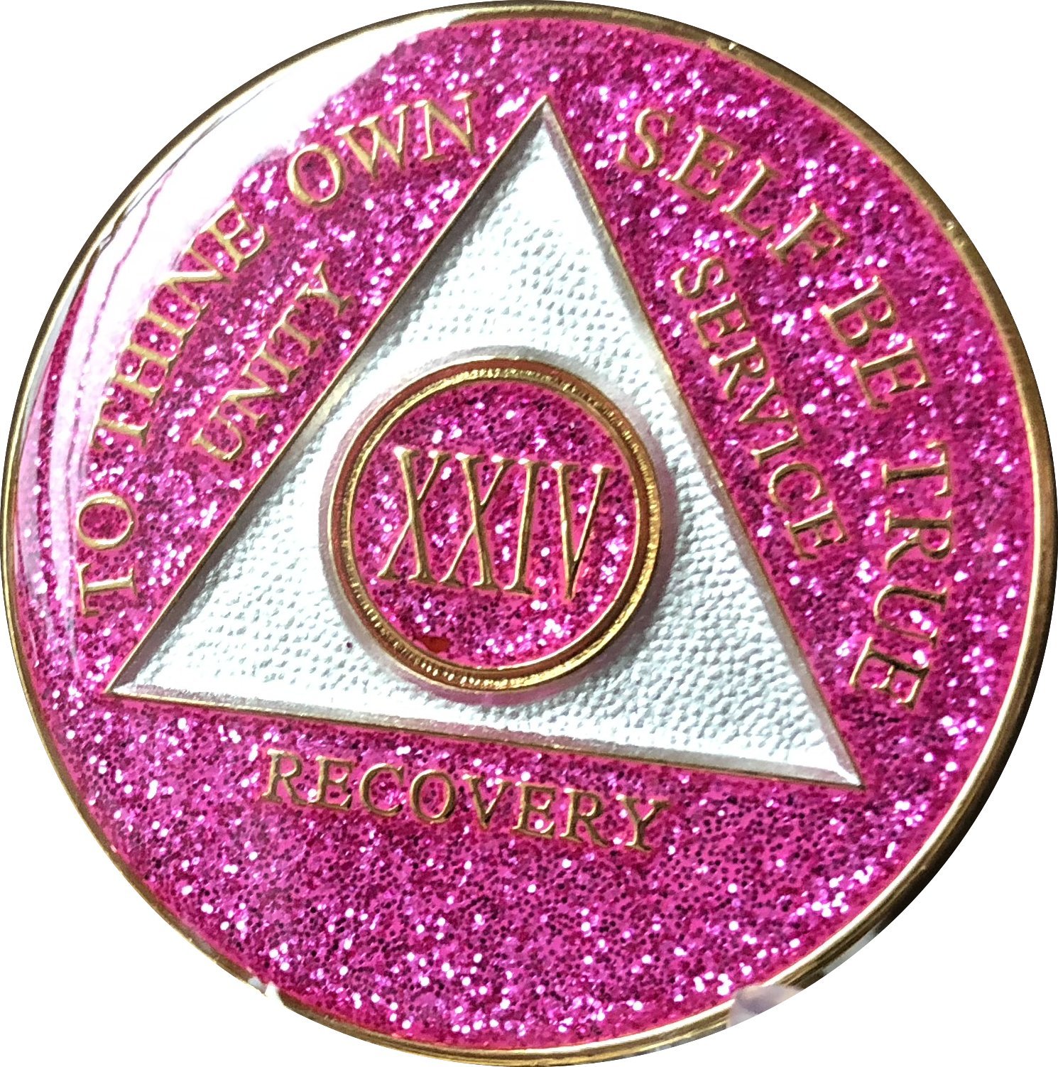 24 Year AA Medallion Glitter Pink Tri-Plate Chip XXIV - Elegant Collectible Coin for Anniversary Gifts, Special Occasions & Coin Enthusiasts
