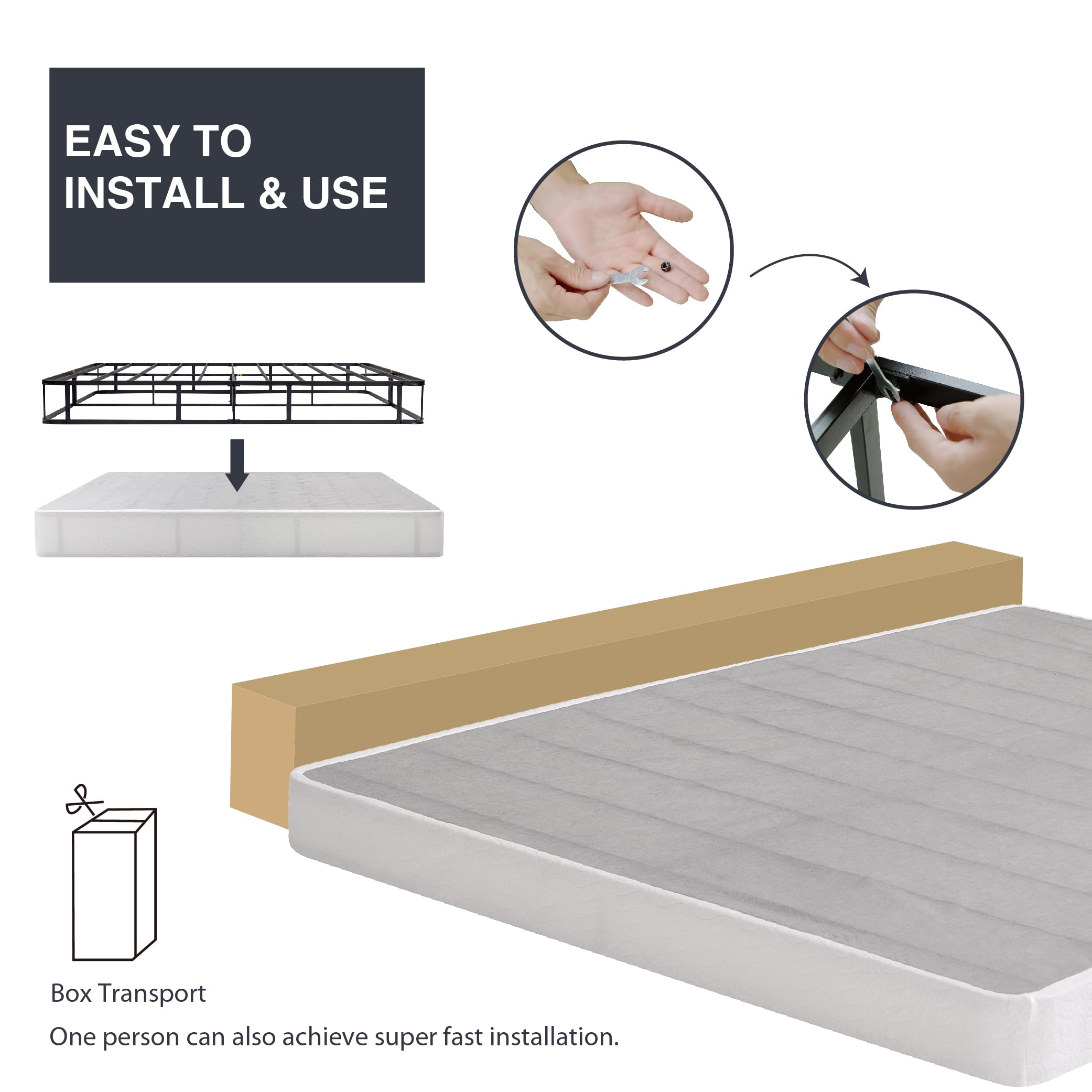 5 Inch Queen Size Box Spring with Fabric Cover - Sturdy Mattress Foundation with Strong Steel Frame - Easy Assembly for Bedroom, Guest Room & Dorm Use