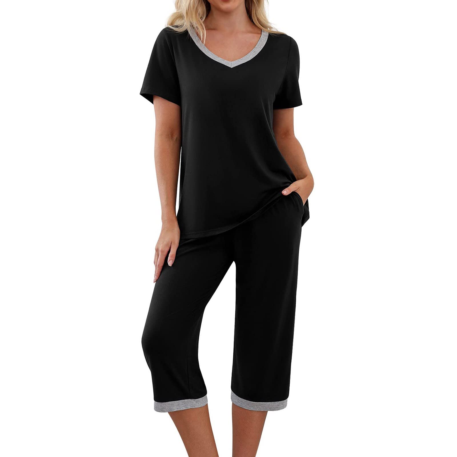 Women's V-Neck Short Sleeve Pajama Set - 2 Piece Sleepwear with Capri Pants | Soft Summer Lounge Outfit for Comfortable Sleep & Relaxation at Home