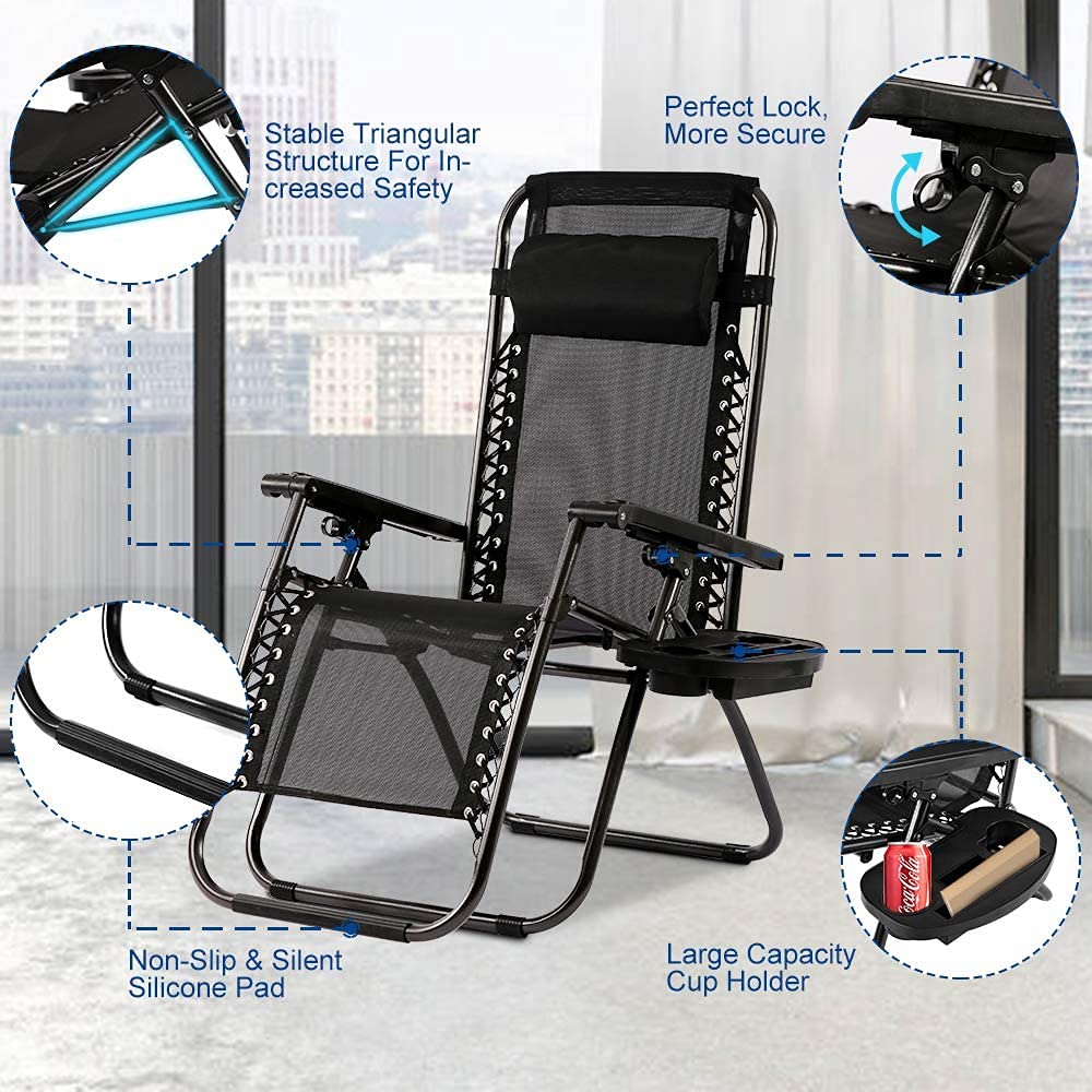 Best Folding Reclining Lounge Chair with Pillow & Cup Holder - Adjustable Massage Chair for Pool, Backyard, Beach, Patio - Comfortable Outdoor Relaxation (Black)
