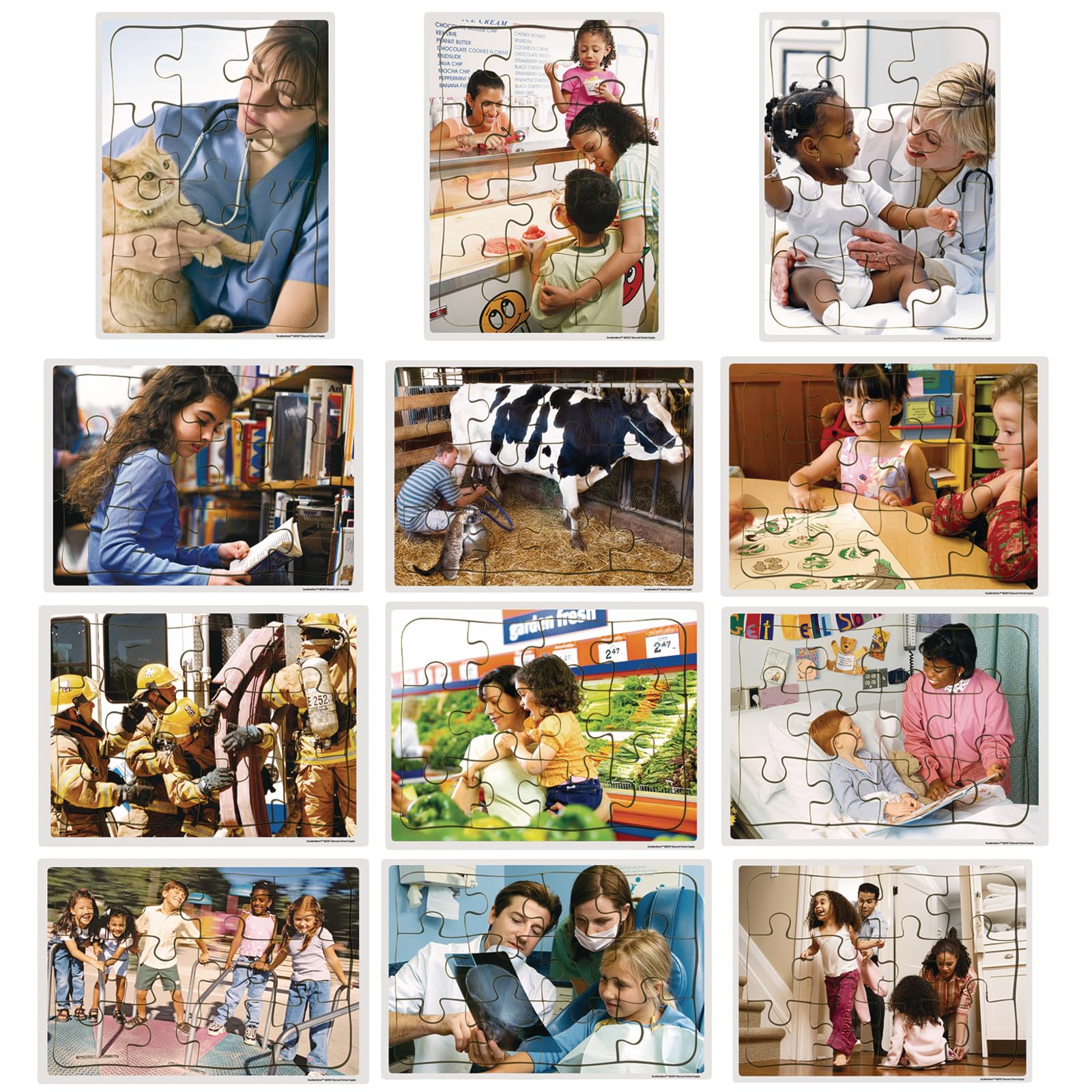 Excellerations Wooden Community Helper Jigsaw Puzzle Set - 12 Educational Puzzles for Kids Ages 3-5 (8-12 Pieces Each, 11.6