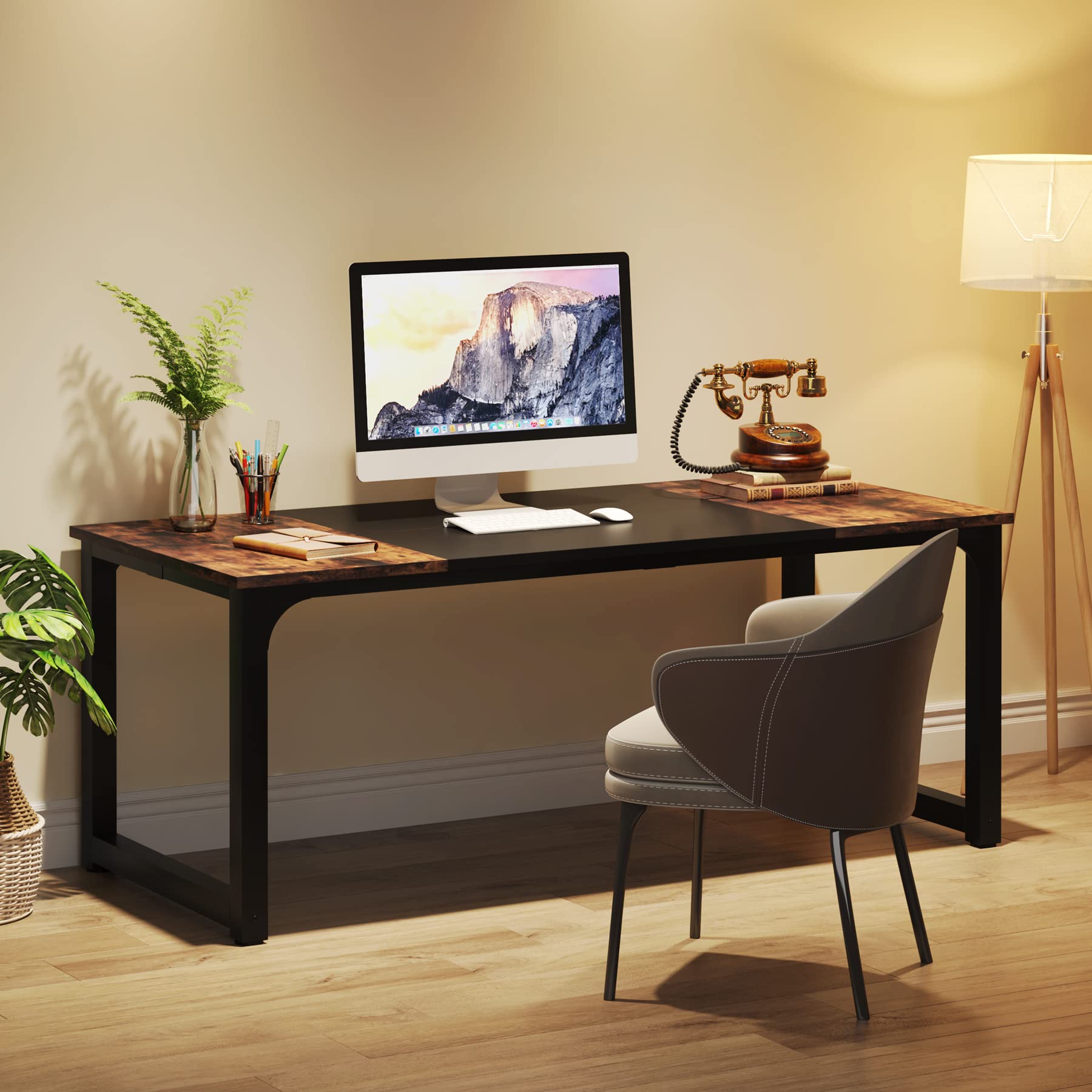 63 Inch Large Executive Computer Office Desk - Brown & Black - Modern L-Shaped Workstation for Home Office & Gaming Setup