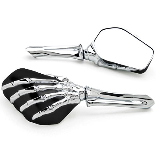 Krator Chrome & Black Skeleton Hand Design Motorcycle Mirrors - Compatible with BMW HD2, HP2 Sport, Megamoto - Enhances Style & Safety for Urban & Highway Riding
