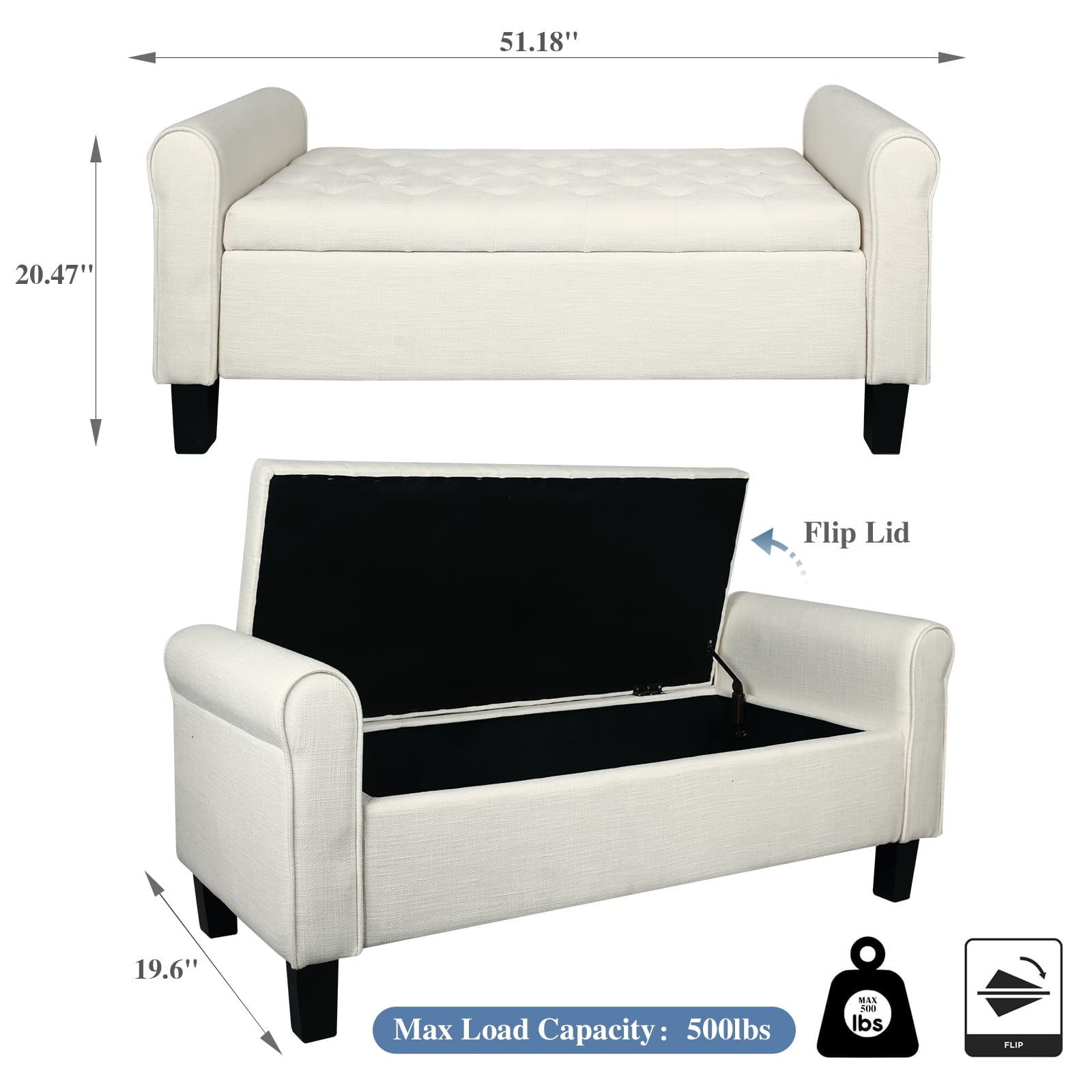 Tufted Storage Ottoman Bench with Arms - Large Upholstered Footrest Seat for Bedroom, Living Room, Entryway & Hallway - Multi-Functional End of Bed Bench with Hidden Storage (Beige) | Perfect for Small Space Organization & Extra Seating