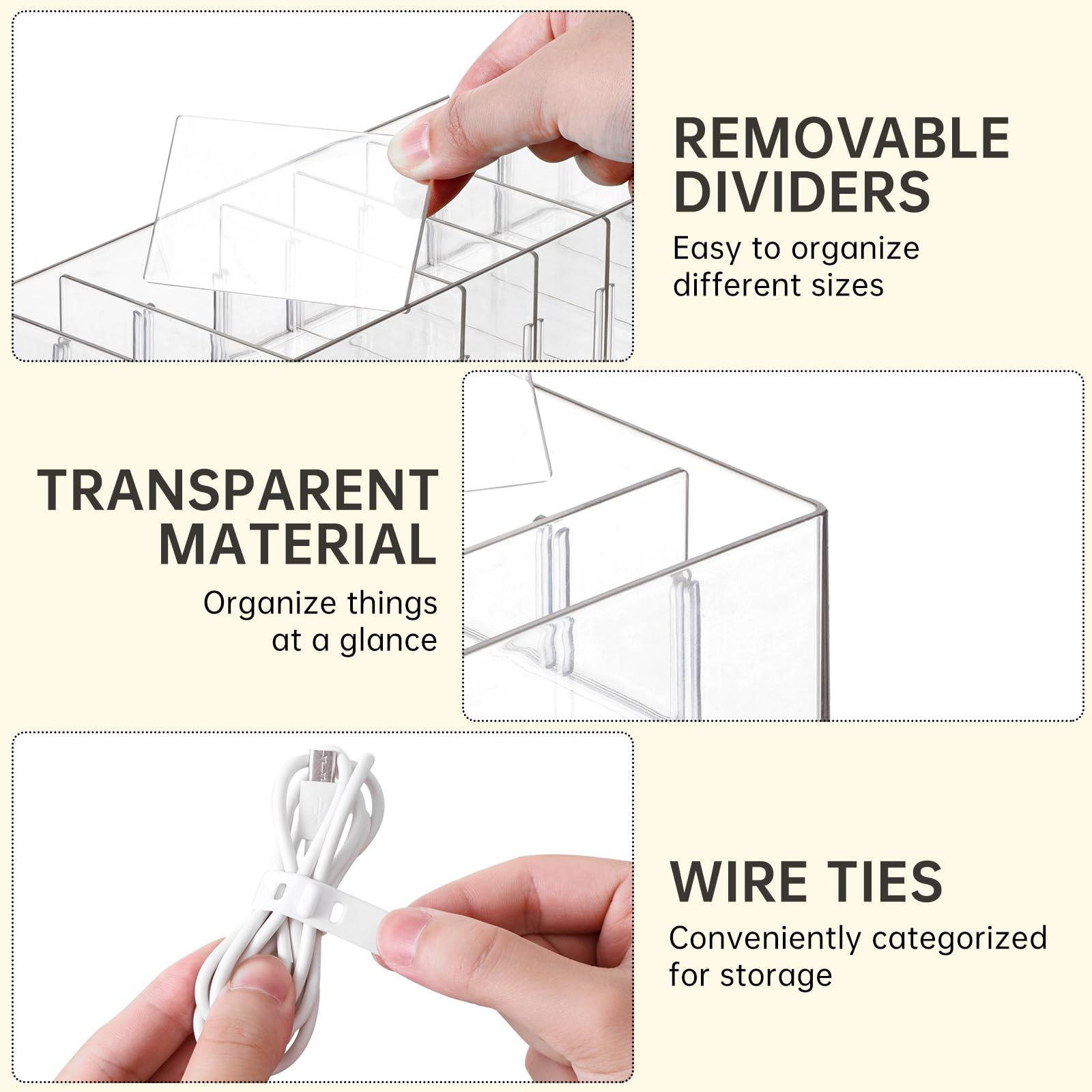 2-Pack Clear Stackable Cable Organizer Box with Adjustable Compartments & Wire Ties - Large Cord Storage Solution for Drawers, Electronics, Travel & Home Office Organization