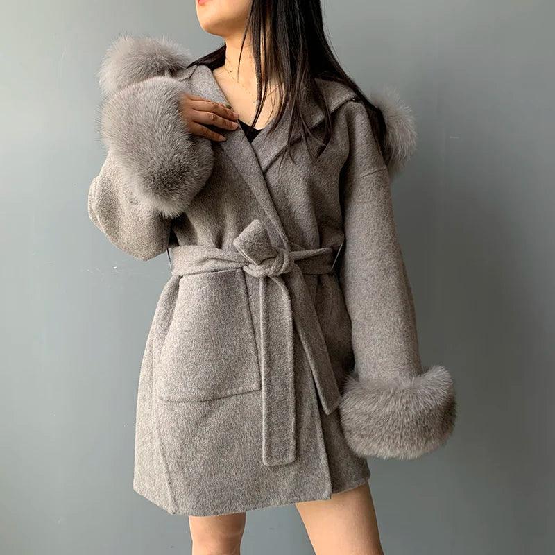 Luxury Women's Winter Coat with Real Fox Fur Hood & Cuffs - 100% Natural Fur, Cashmere Wool Blend, Oversized Loose Fit Jacket for Cold Weather - Perfect for Snowy Days, Outdoor Activities & Fashionable Winter Outfits
