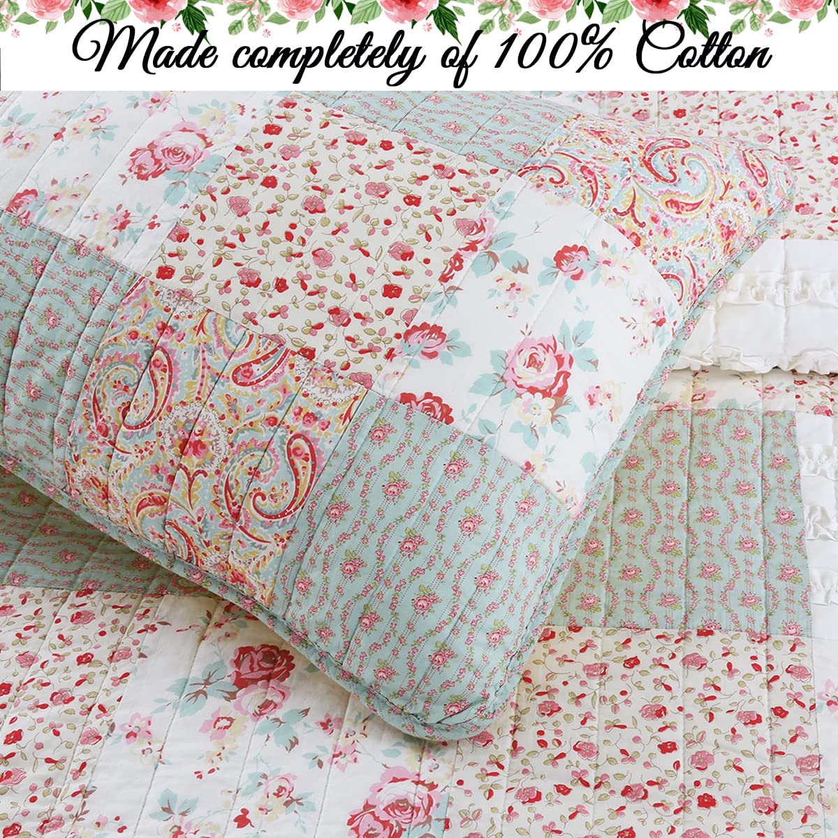 Cozy Line Home Fashions 3-Piece Reversible Queen Quilt Set - Floral & Paisley Patchwork Design in Pink, Blue, Yellow & Green | Perfect for Tea Party, Garden Theme Bedrooms & Boho Chic Home Decor