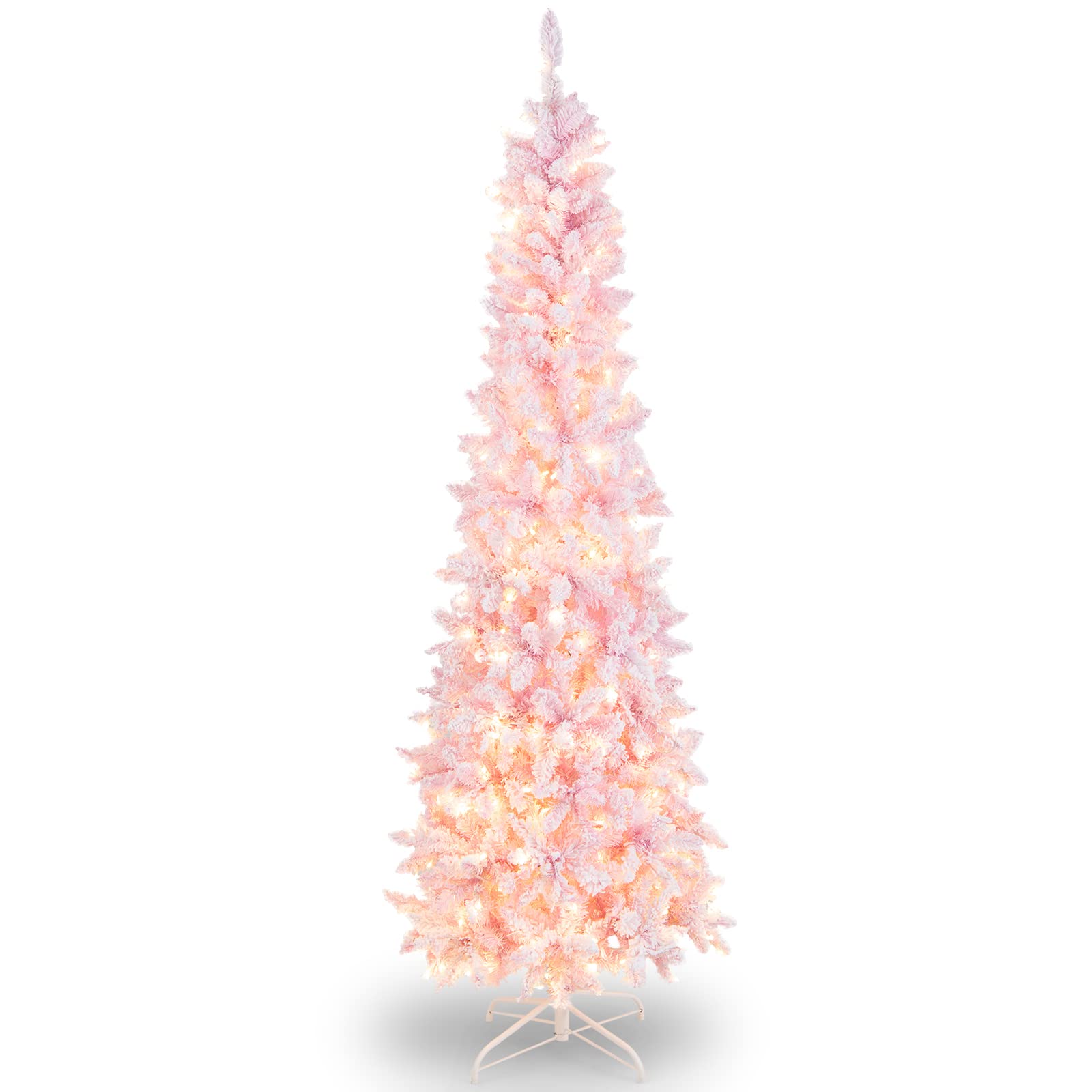 HAPPYGRILL 7FT Pre-Lit Pink Pencil Christmas Tree with Snow Flocked Artificial Slim Design - 800 Branch Tips & 300 LED Lights (8 Lighting Modes) - Perfect for Home, Office, and Holiday Decorations
