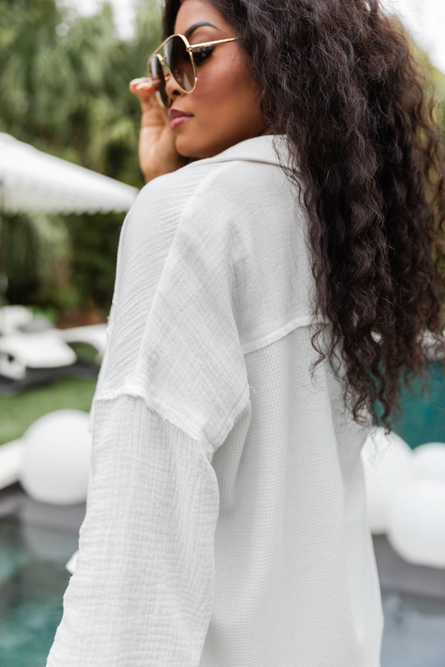Stylish Ivory Waffle & Gauze Shacket for Women - Cozy Overshirt for Fall & Winter Layering - Perfect for Casual Outfits and Outdoor Activities