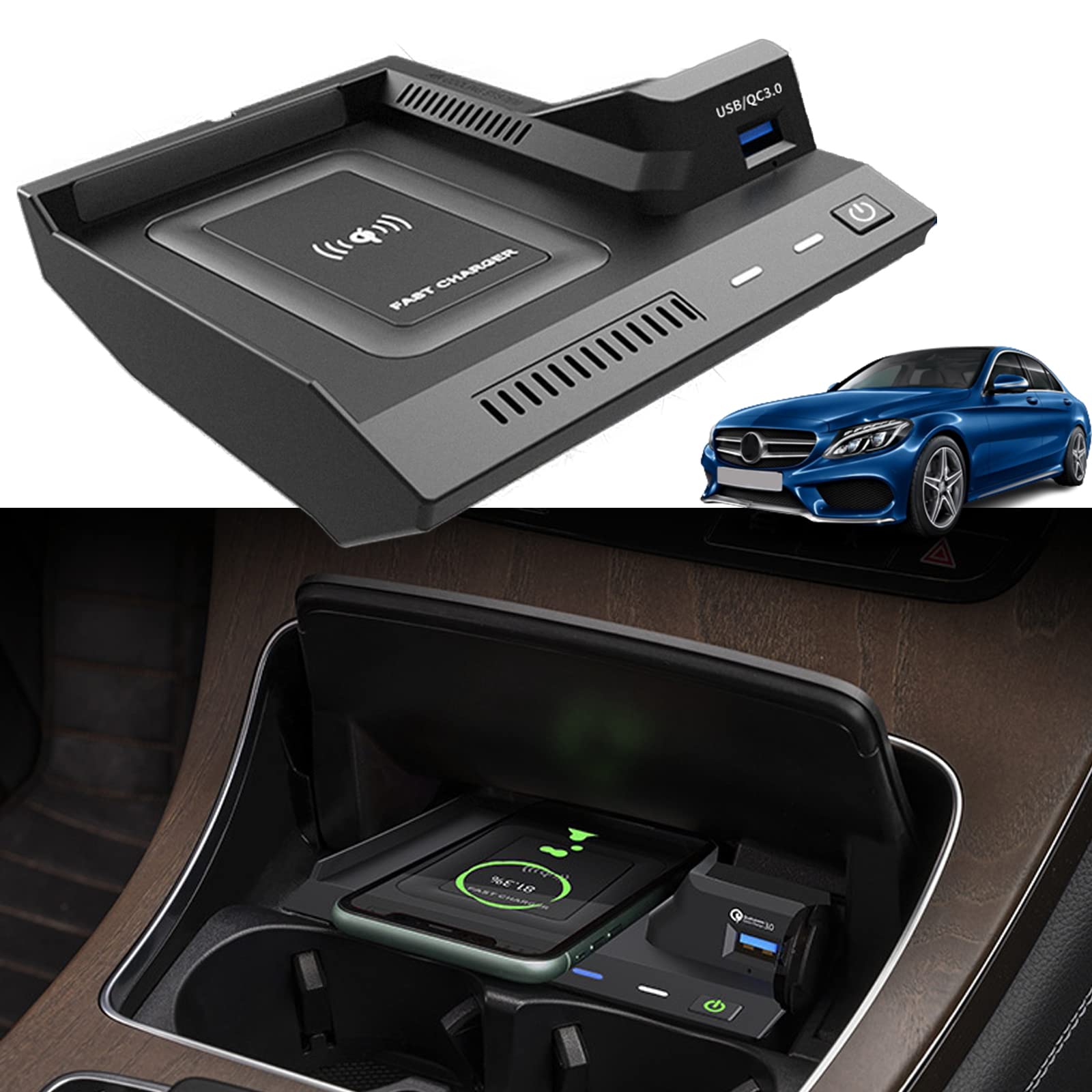 Upgraded Wireless Car Charger for Mercedes C-Class GLC AMG 2015-2021 - Fast Qi Charging Pad Compatible with iPhone Samsung & All Qi Devices - Perfect for Road Trips & Daily Commuting