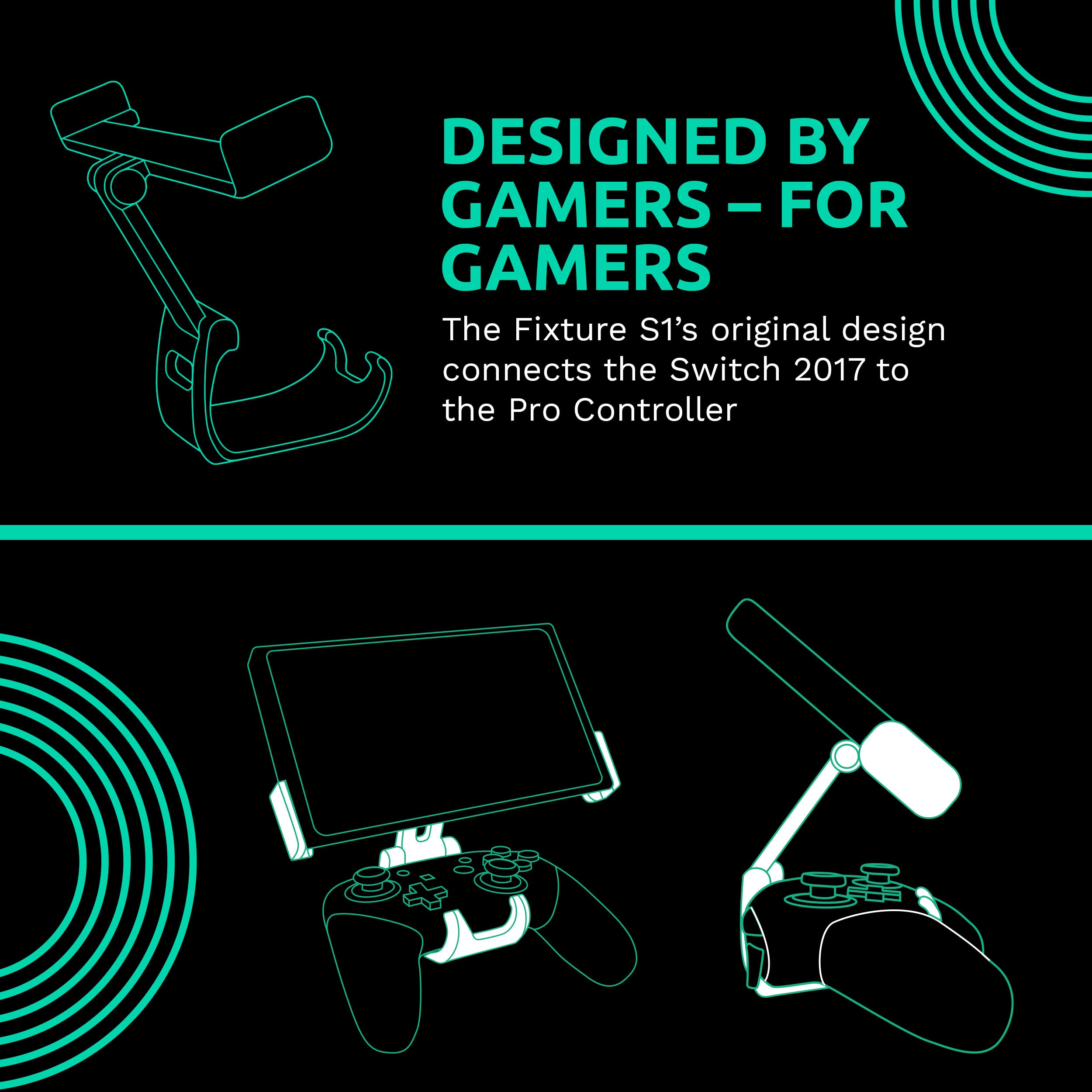 Fixture S1 Adjustable Gaming Console Mount - Compatible with Nintendo Switch & Pro Controller, Monitor & Controller Holder Stand Clip (Gray) - Perfect for Gaming Setups, Travel & Space-Saving Storage