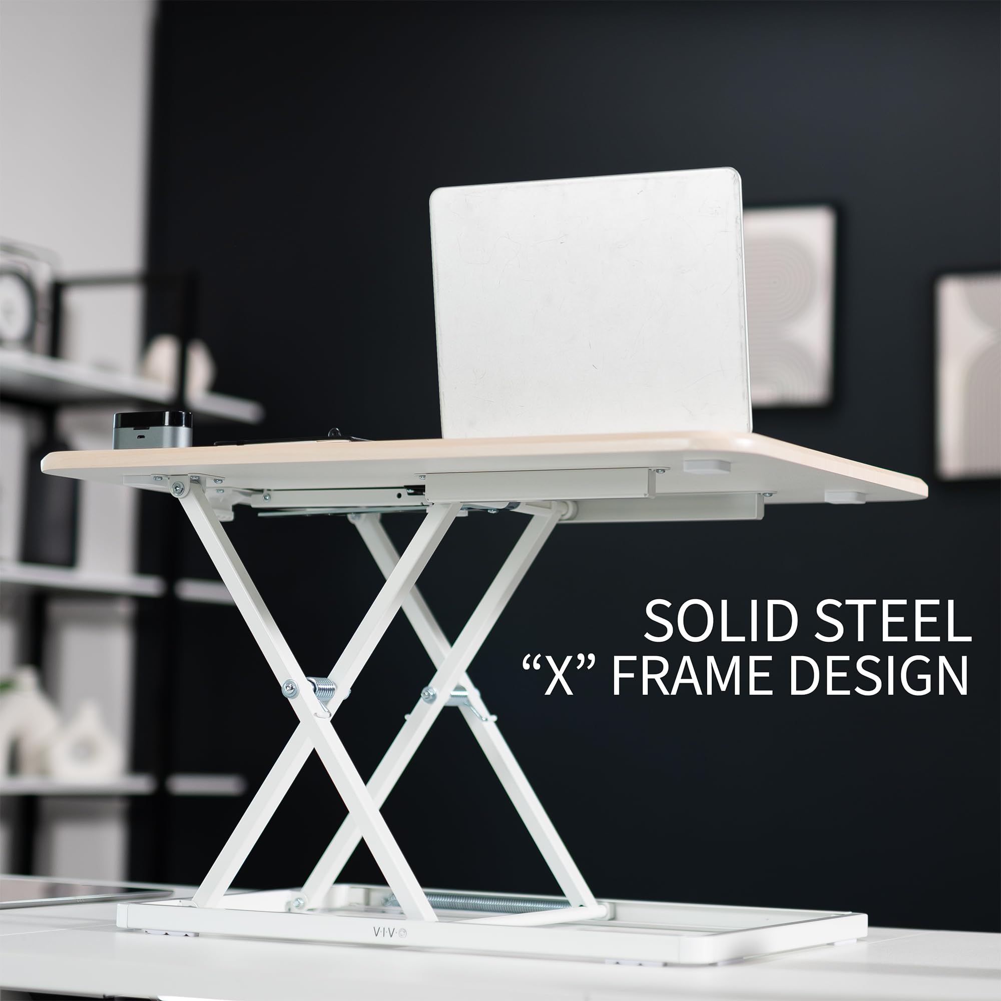 VIVO Ultra-Slim Single Monitor Stand Up Desk Riser - Height Adjustable Sit to Stand Workstation for Laptop & Computer - Light Wood Finish (DESK-V001JF) - Perfect for Home Office, Workspace & Ergonomic Setup