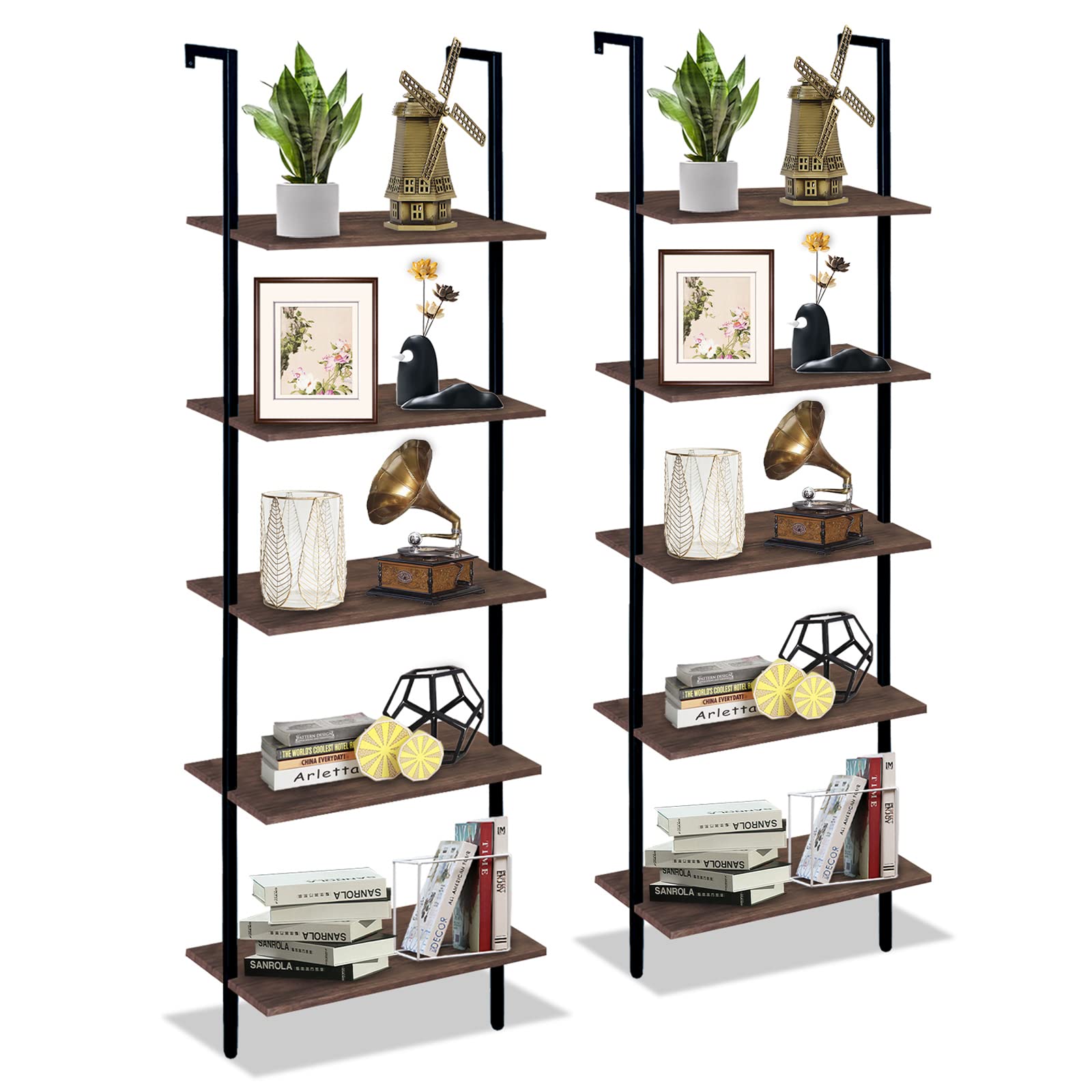 5-Tier Ladder Shelf Set of 2 - Modern Tall Bookshelf for Home & Office - Open Wall Mount Storage Bookcase - Industrial Style Standing Leaning Shelves - Perfect for Living Room, Bedroom & Office Organization (Brown)
