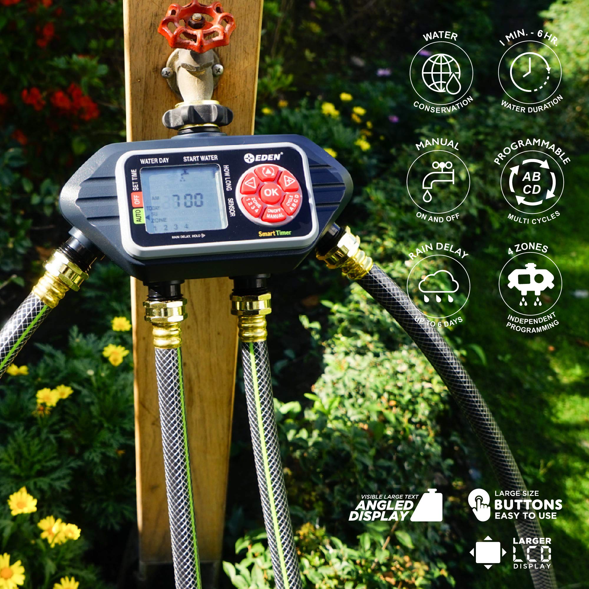 **Eden 93413 4-Zone Programmable Digital Water Timer with Wireless Soil Moisture Sensor – Smart Irrigation for Lawns, Gardens & Greenhouses**