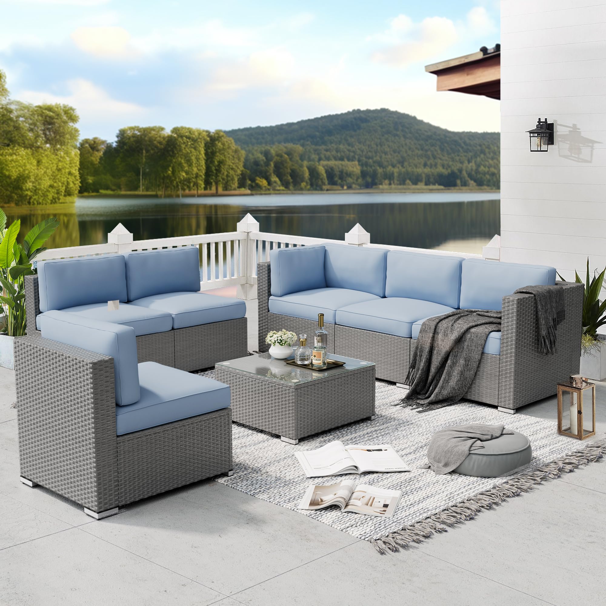 SUNCROWN 7-Piece Outdoor Patio Furniture Set - Grey Wicker Sectional Sofa with Coffee Table & Light Blue Cushions - Perfect for Backyard, Garden, Poolside & Patio Conversations