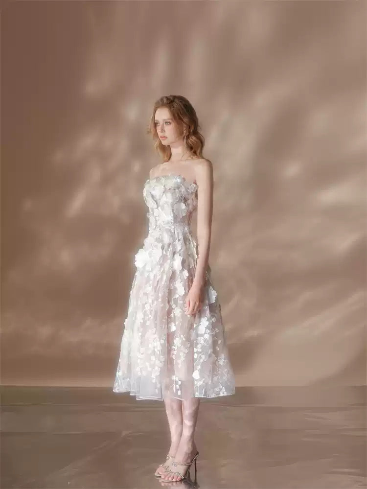 Anna Crystal Floral Embroidery Midi Dress - White | Elegant Summer Wedding Guest Dress & Casual Party Wear