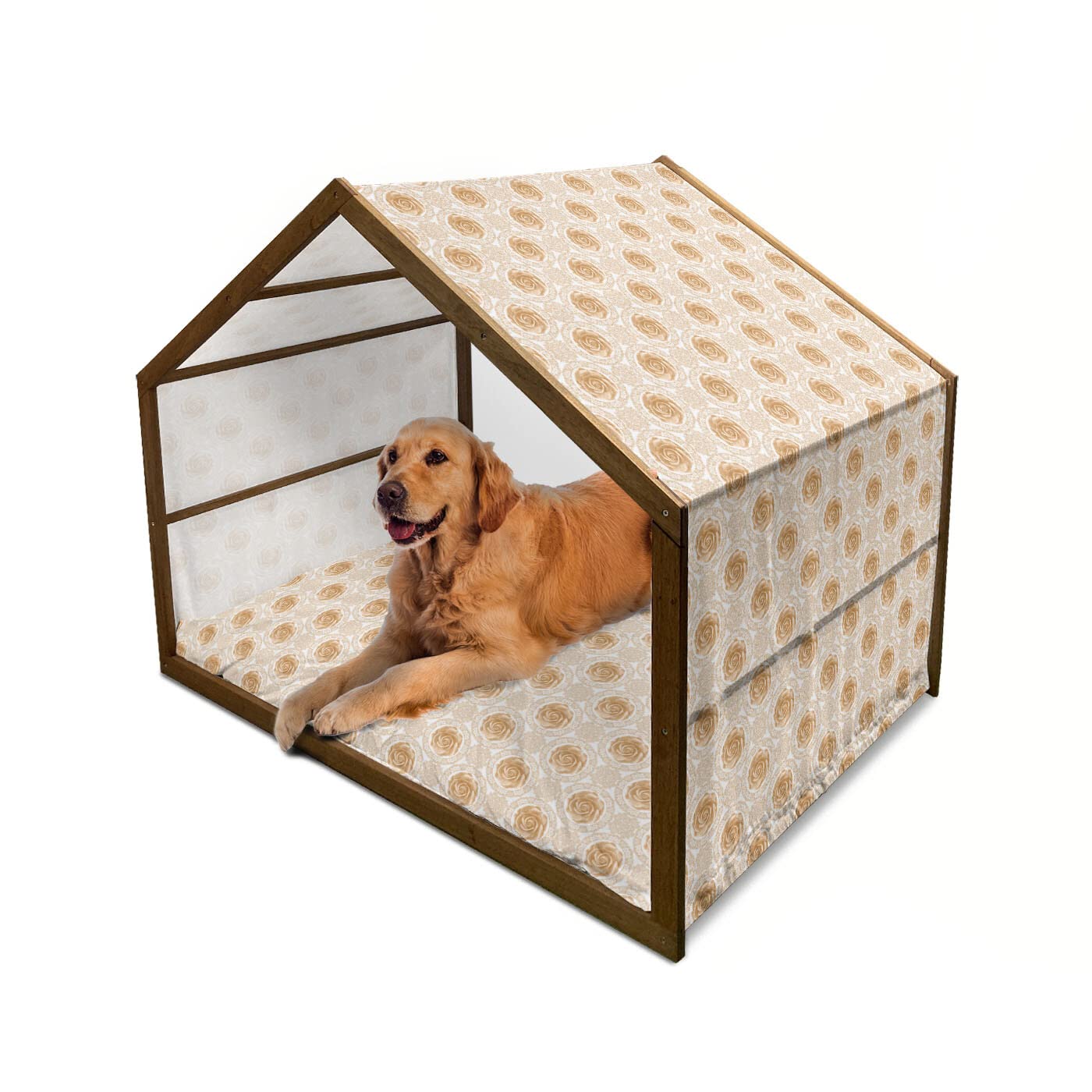 Ambesonne Floral Wooden Dog House - Large Indoor & Outdoor Portable Pet Kennel with Pillow & Cover, Rose Florets & Classic Lace Design, Feminine Retro Oriental Style, 2X-Large Size, Sand Brown & White - Perfect for Backyard, Patio, Garden or Living Room Decor
