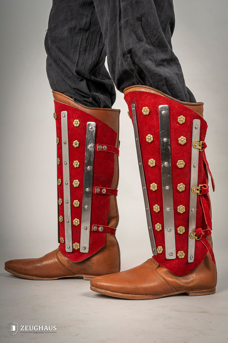 Premium Splinted Suede Leather Greaves - Red Medieval Armor Leg Protection for LARP, Cosplay & Renaissance Faires
