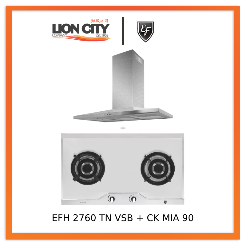 EF CK Mia 90 90cm Stainless Steel Chimney Hood & EF EFH 2760 TN VSB 78cm Built-In Stainless Steel Gas Hob - Modern Kitchen Ventilation & Cooking Combo for Home Chefs