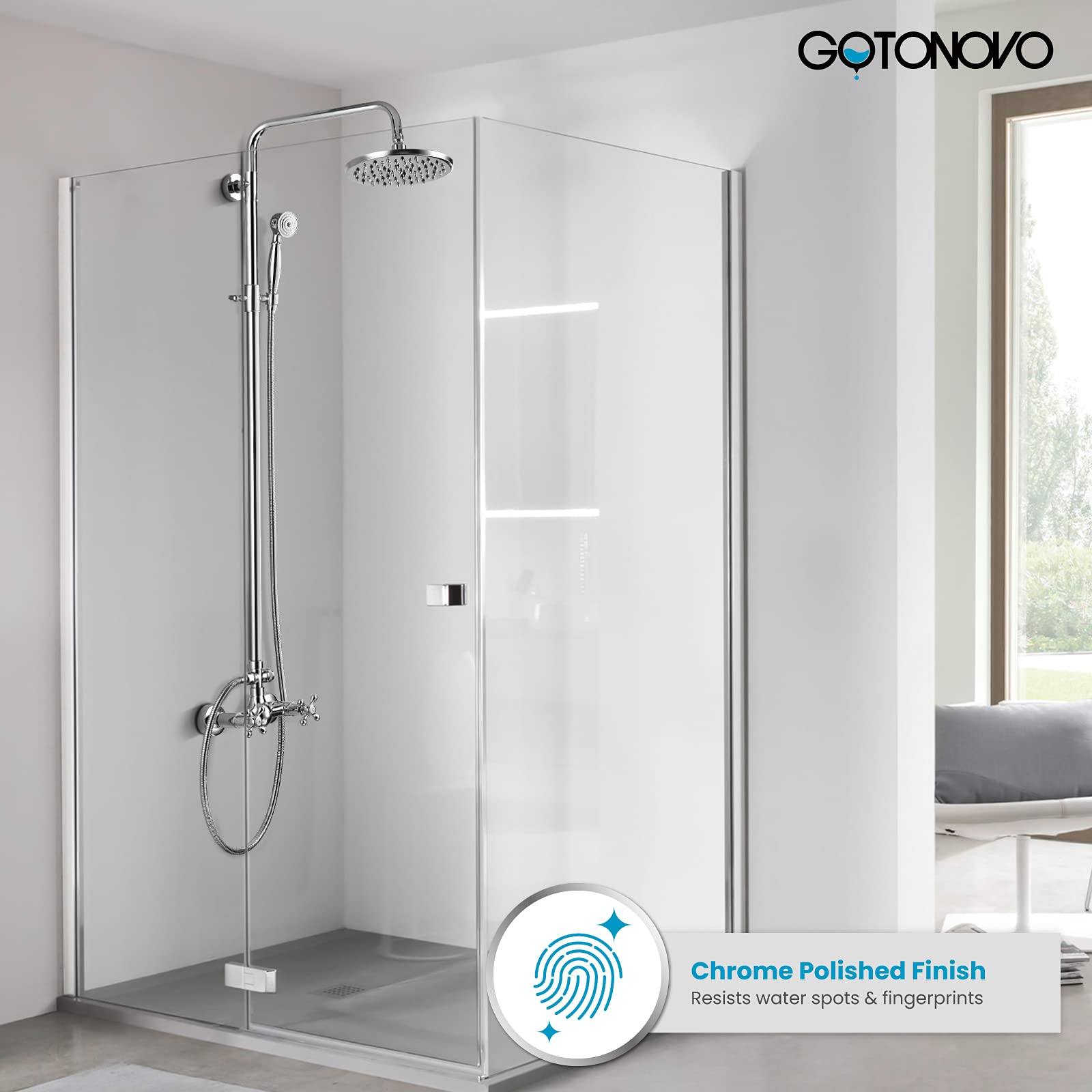 Gotonovo 8 Inch Rainfall Shower Head with Handheld Spray - Polished Chrome & Brushed Nickel Shower Faucet for Clawfoot Tub - Wall Mounted Shower Fixture for Luxurious Bathroom Experience | Perfect for Spa-Like Relaxation and Modern Bathroom Upgrades