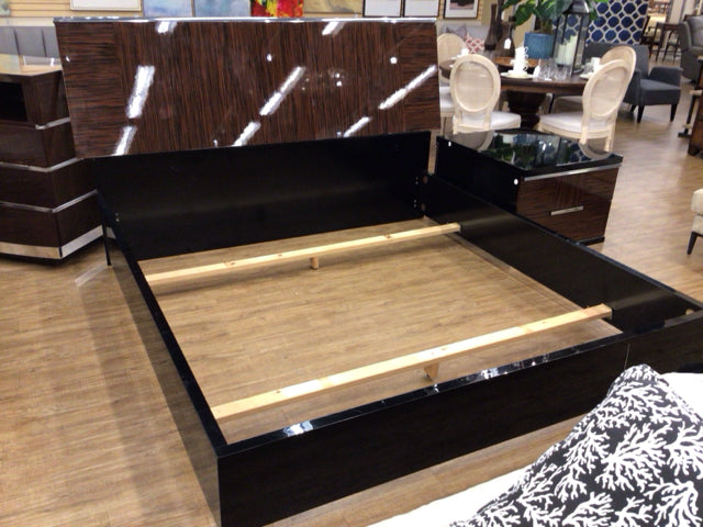 AS IS Alf Brown & Chrome Trim Lacquered King Bed with Center Support - Luxury Bedroom Furniture for Master Suite Decor