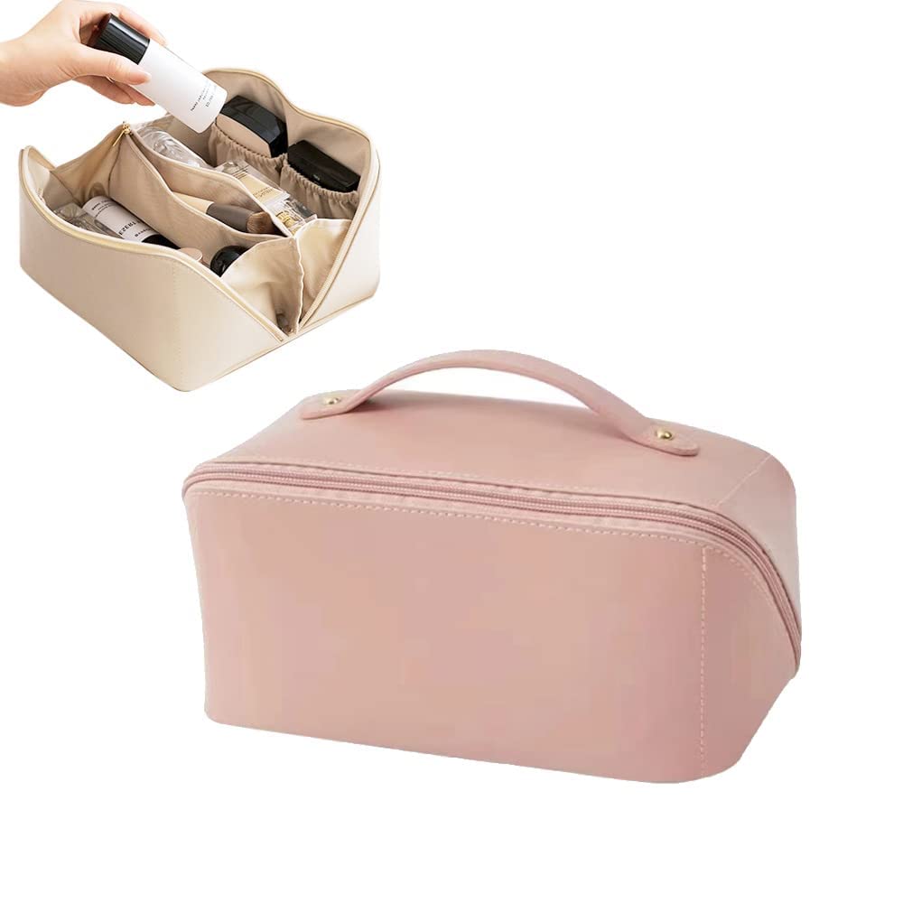 Large-Capacity Waterproof Leather Travel Makeup Bag with Handle & Divider - Portable Cosmetic Organizer for Skincare, Toiletries & Beauty Essentials (Pink) - Perfect for Vacation, Gym, Business Trips & Daily Use