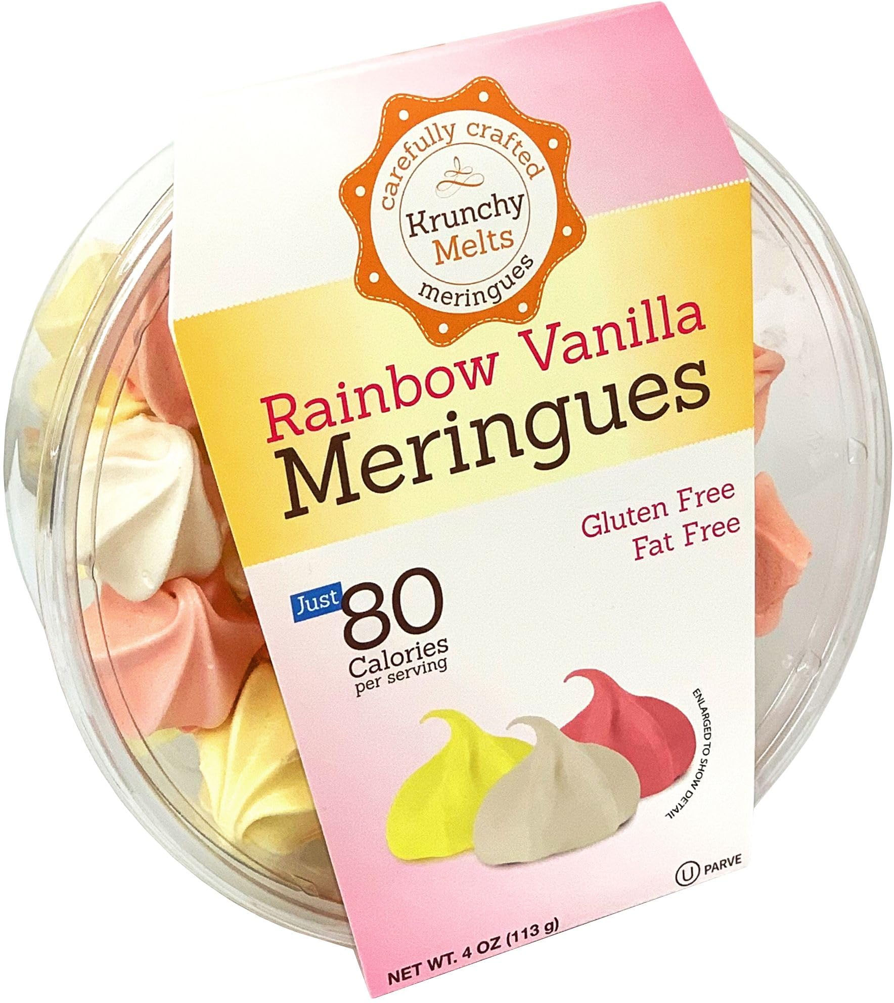 Krunchy Melts Original Meringue Cookies - Rainbow Vanilla Flavor | Low Calorie Snack (80 Cal/Serving) | Fat Free, Gluten Free, Dairy Free, Kosher | 4oz Pack | Perfect for Parties, Gifts & Healthy Desserts