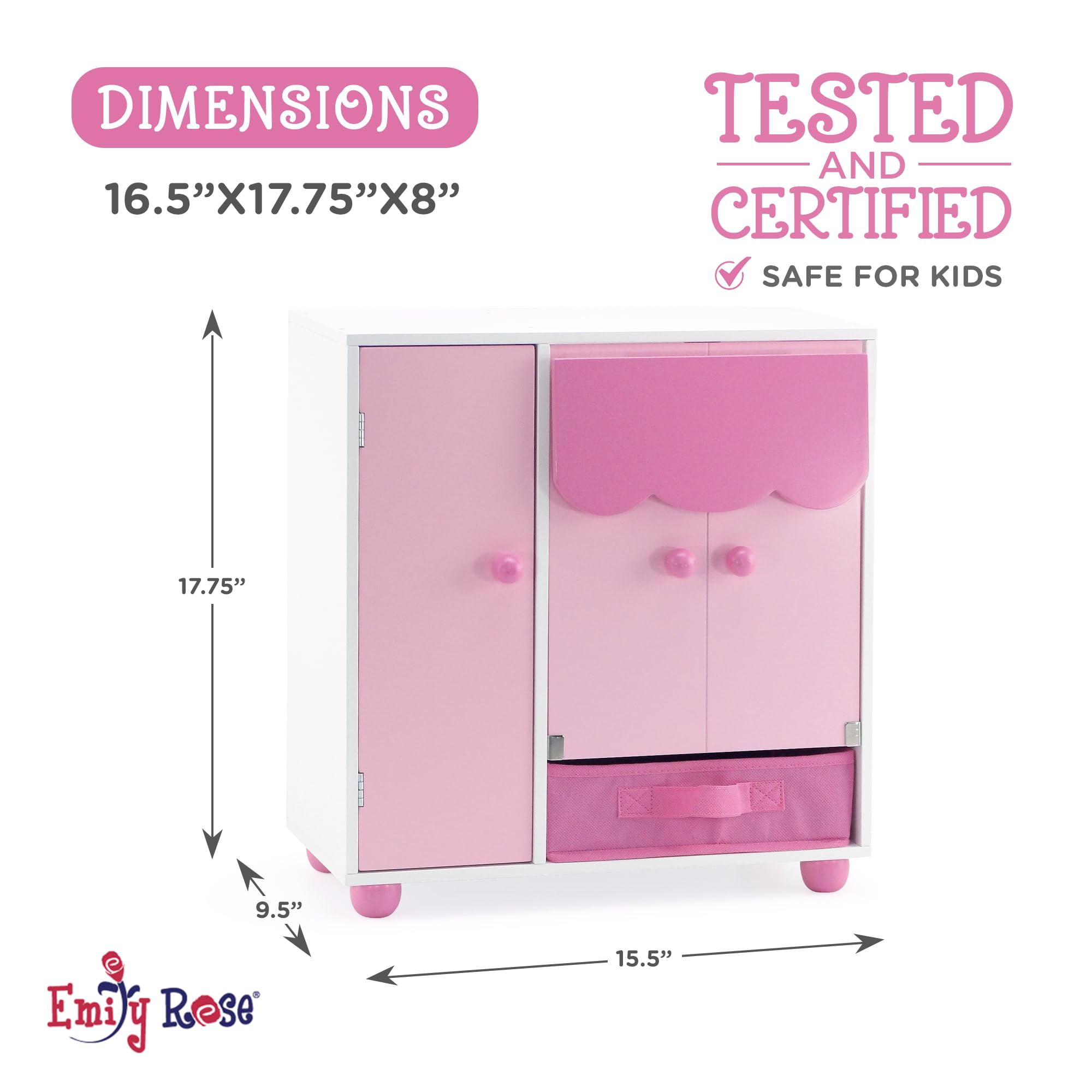 Emily Rose 18 Inch Doll Murphy Bed Furniture Closet Set - Space Saving Kids Storage with 5 Hangers & Clothes Accessories Bin | Mom's Choice Award Winner | Perfect for Doll Play, Bedroom Organization & Pretend Play Scenarios