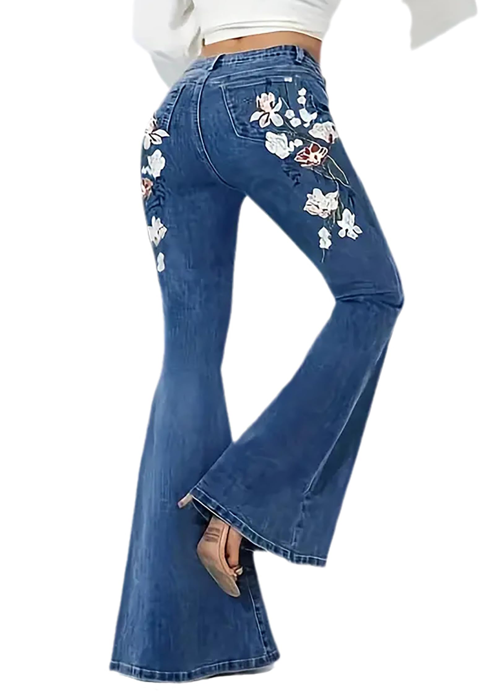 Women's High Waisted Embroidered Bell Bottom Jeans - Stretchy Wide Leg Flare Denim Pants for Casual Wear & Boho Fashion