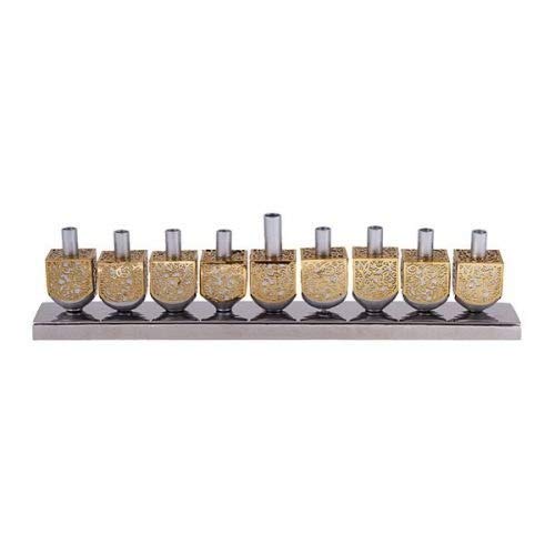 Yair Emanuel Hanukkah Menorah - 9 Silver Aluminum Dreidels with Brass Cutouts Candle Holder for Chanukah - Fits Standard Hanukkah Candles - Perfect for Jewish Holiday Decorations & Home Celebrations
