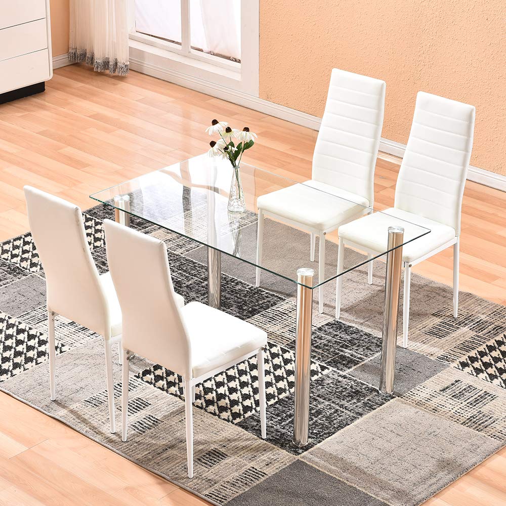Ansley&HosHo 4-Piece Modern Faux Leather Dining Chairs Set - High Back Upholstered Kitchen & Living Room Chairs with Sturdy Metal Legs - White - Perfect for Dining Rooms, Kitchens, Lounges & Home Offices